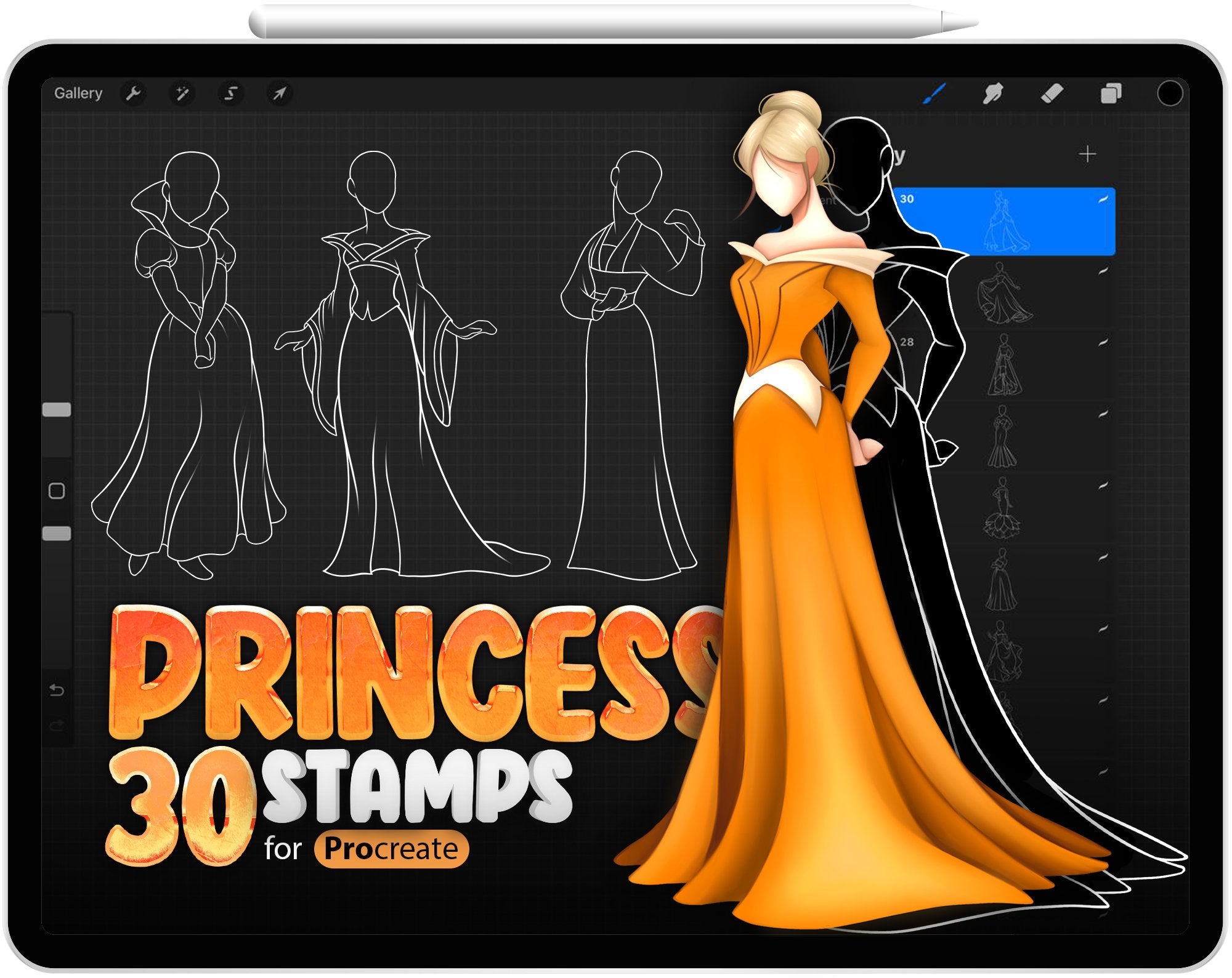 30 Princesses Stamps for Procreate, Princess brush for Procreate, Princess Reference, Princess Dress outline stamps brush, Princess Poses