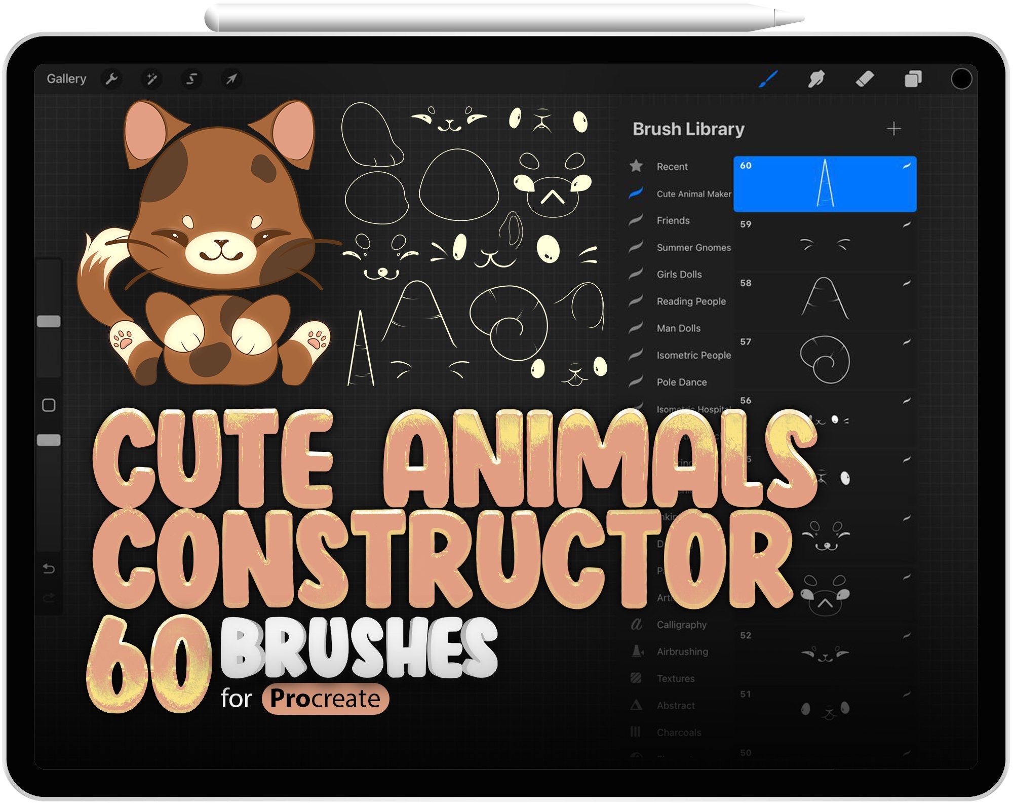 60 Cute Animals Constructor Brushes for Procreate, Cute Animals Maker Brushes for Procreate, Cute Kawaii Builder Brushes for Procreate