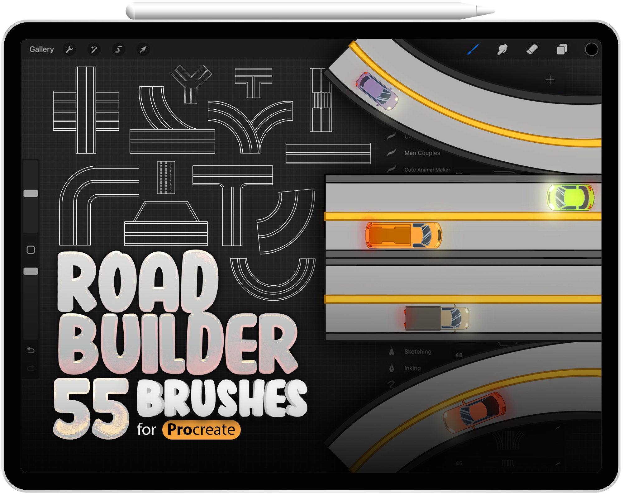 55 Road Brushes for Procreate, Road Constructor for Procreate, Road Builder for Procreate, Road Maker Stamp Brushes for Procreate