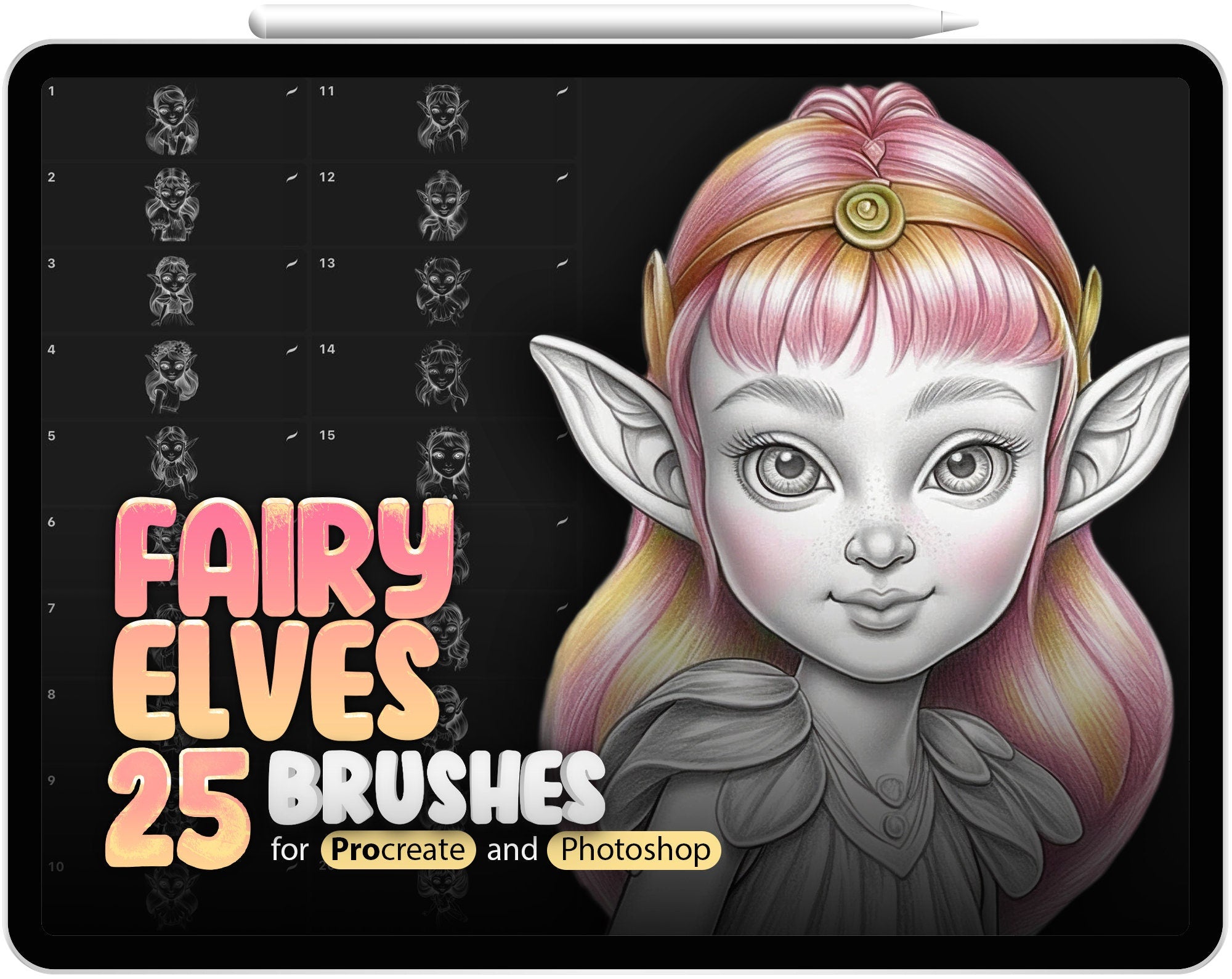 25 Fairy Elves Brushes for Procreate, Fairy Elves Brushes for Photoshop, Cute Elves with Flowers Procreate Coloring, Beautiful Fantasy Girls