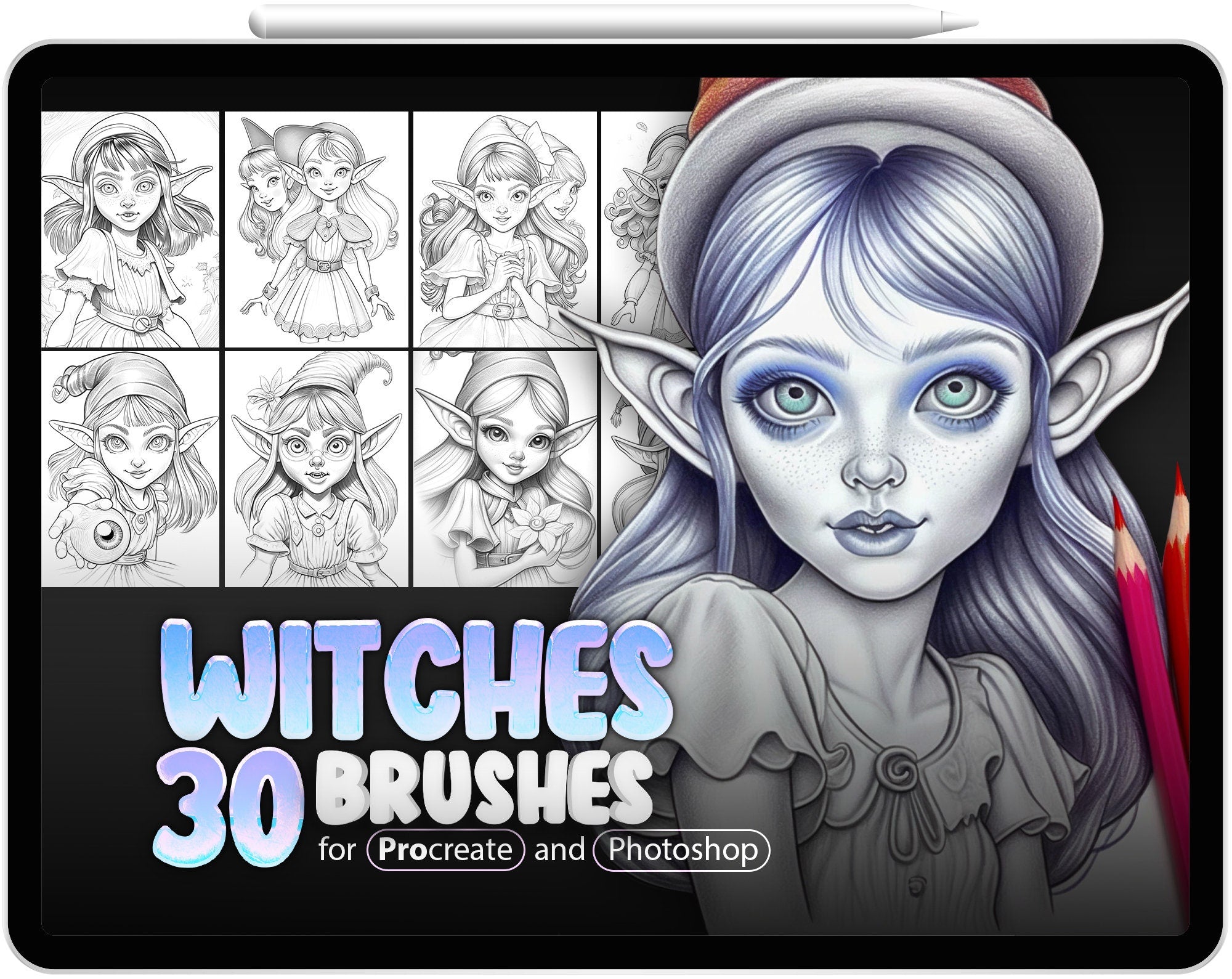 30 Cute Witches Procreate Stamp Brushes, 30 Fairy Witches Photoshop Brushes, Beautiful Witch Girls Procreate, Cute Fantasy Witches Brushes