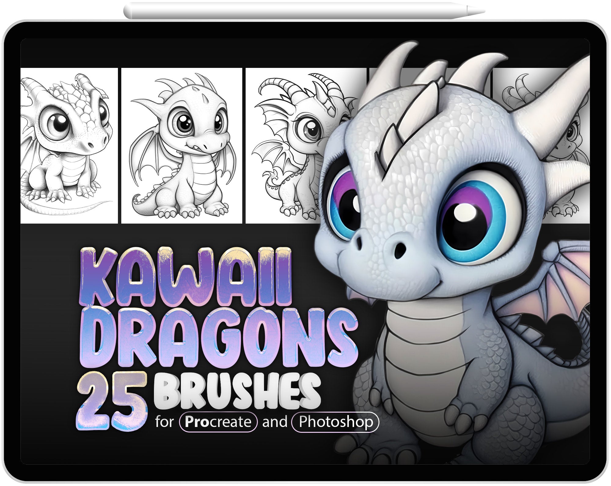 25 Kawaii Dragons Procreate Brushes, 25 Kawaii Dragons Photoshop Brushes, Fantasy Dragons Procreate Stamp Brushes, Cute Dragons Stamps