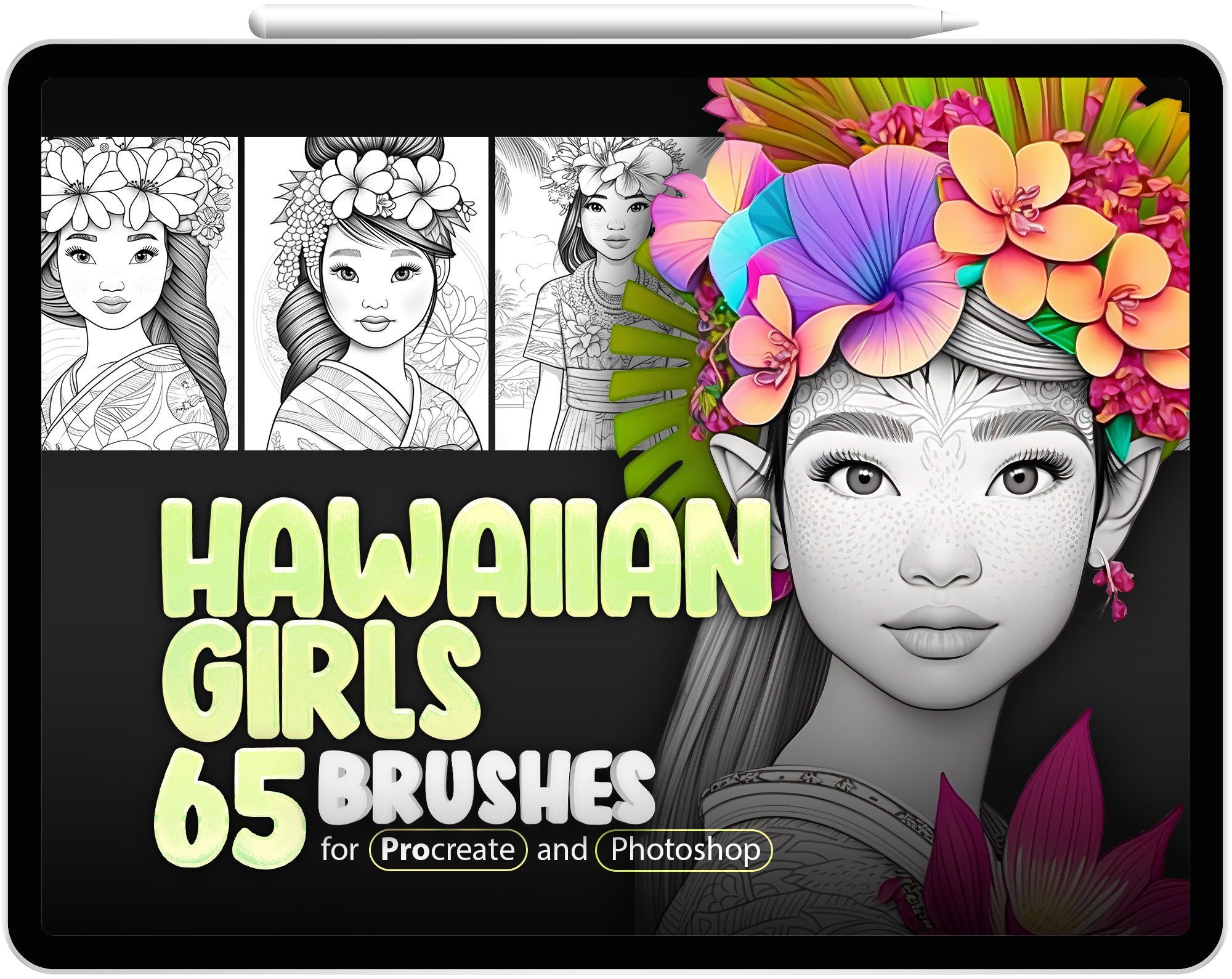 65 Hawaiian Beautiful Girls Procreate Brushes, 65 Hawaiian Beautiful Girls Photoshop Brushes, Hawaii Procreate Stamp Brushes, Hawaii Woman