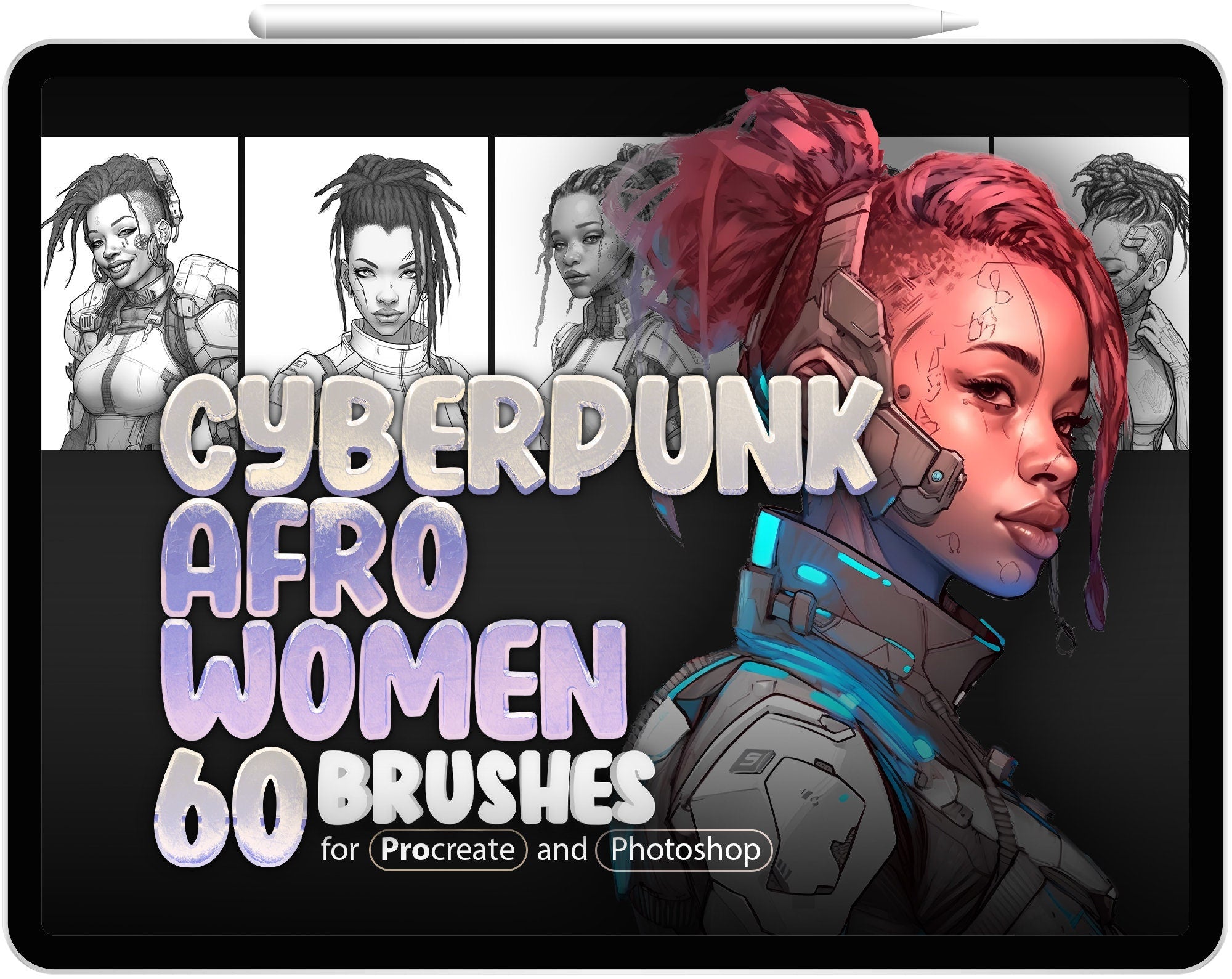 60 Cyberpunk Afro Women Procreate Brushes, 60 Cyberpunk Afro Women Photoshop Brushes, Cyberpunk African American Girls Stamp Brushes