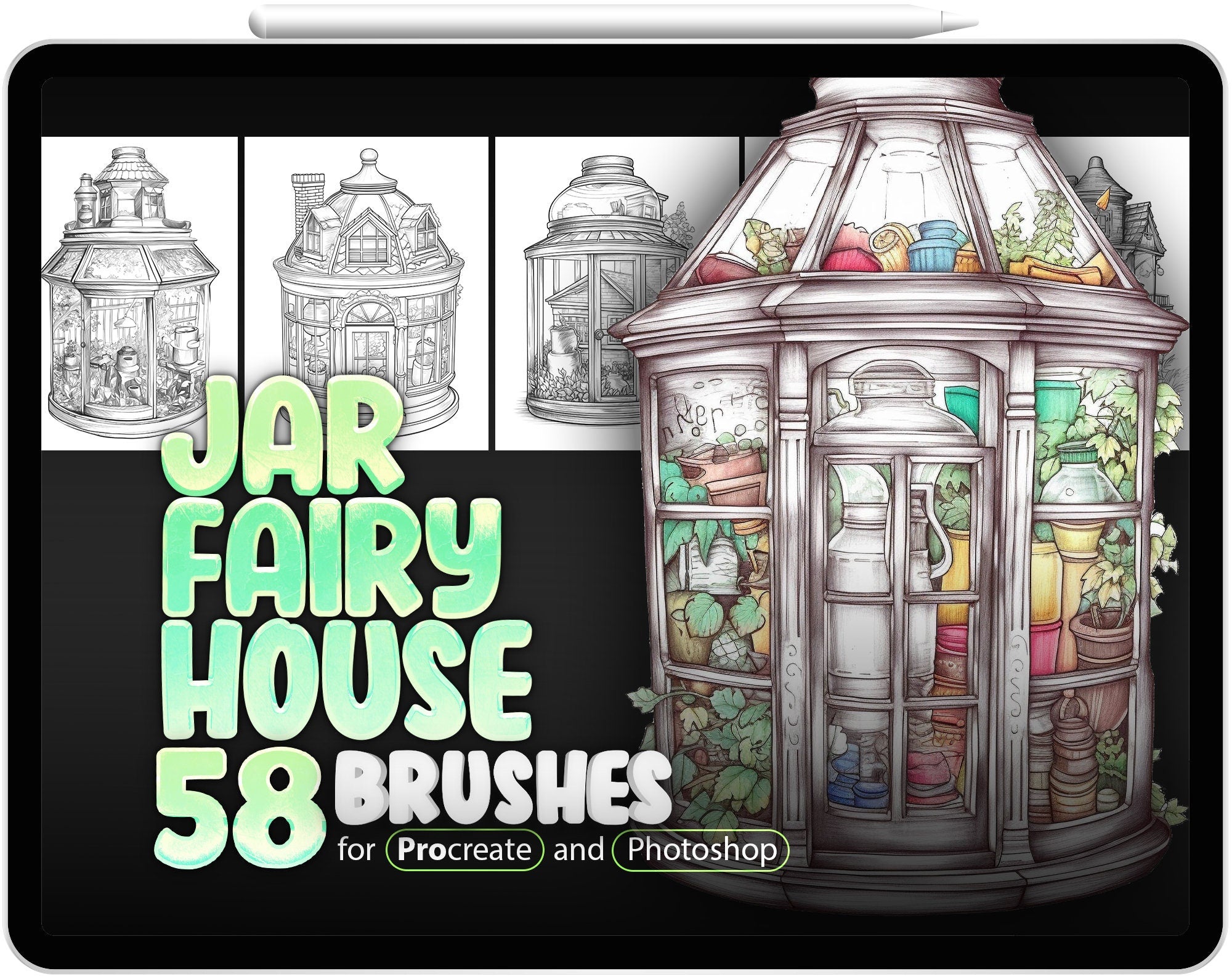 58 Jar Fairy House Procreate Brushes, 58 Jar Fairy House Photoshop Brushes, Fantasy Jar House Stamp Brushes for Procreate, Magic House