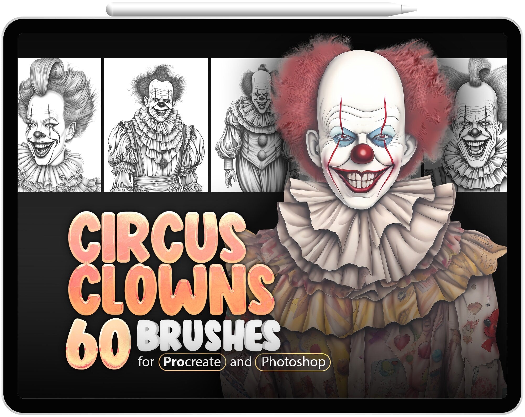 60 Circus Clowns Procreate Brushes, 60 Circus Clowns Photoshop Brushes, Horror Clown Stamp Brushes for Procreate, Scary Clown Procreate