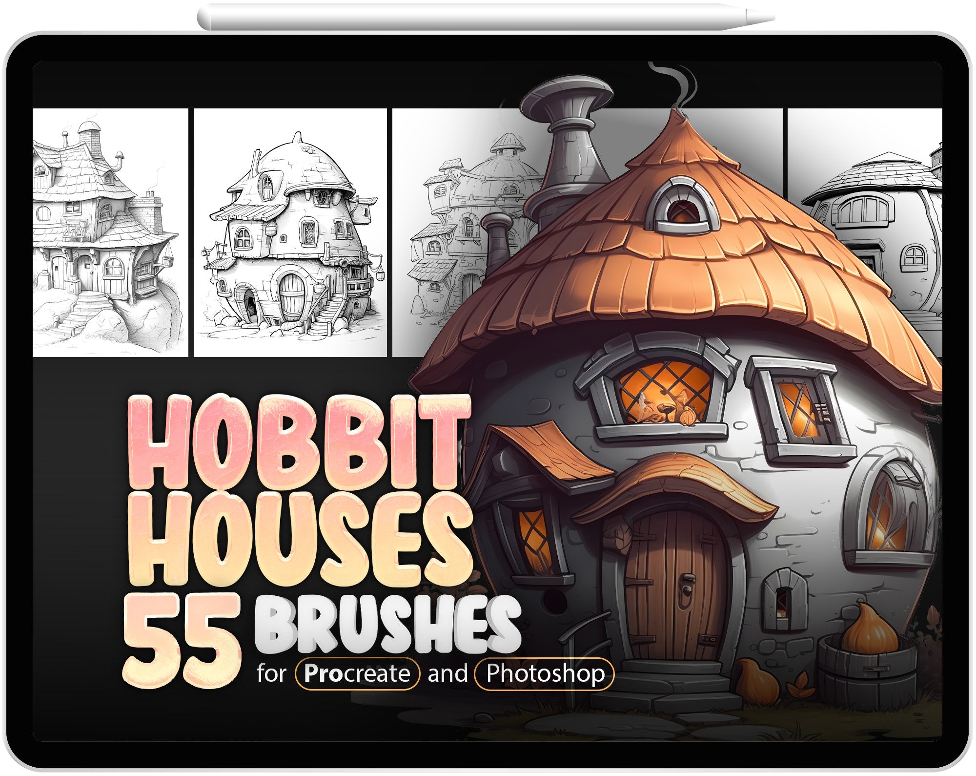 55 Hobbit Houses Procreate Brushes, 55 Hobbit Houses Photoshop Brushes, Fairy House Stamp Brushes for Procreate