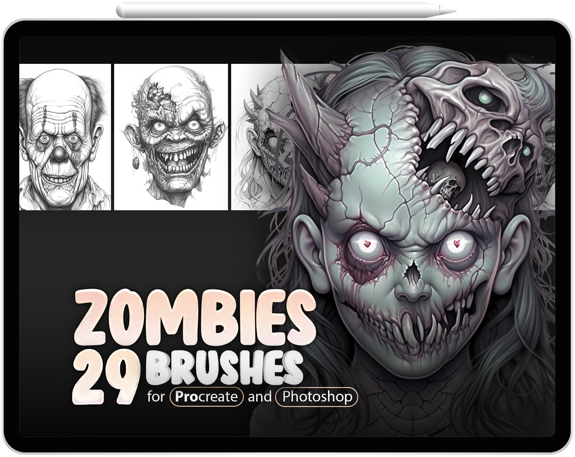 29 Zombies Procreate Brushes, 29 Zombies Photoshop Brushes, Zombie Man Face Stamp Brush, Zombie Woman Stamp Brushes for Procreate