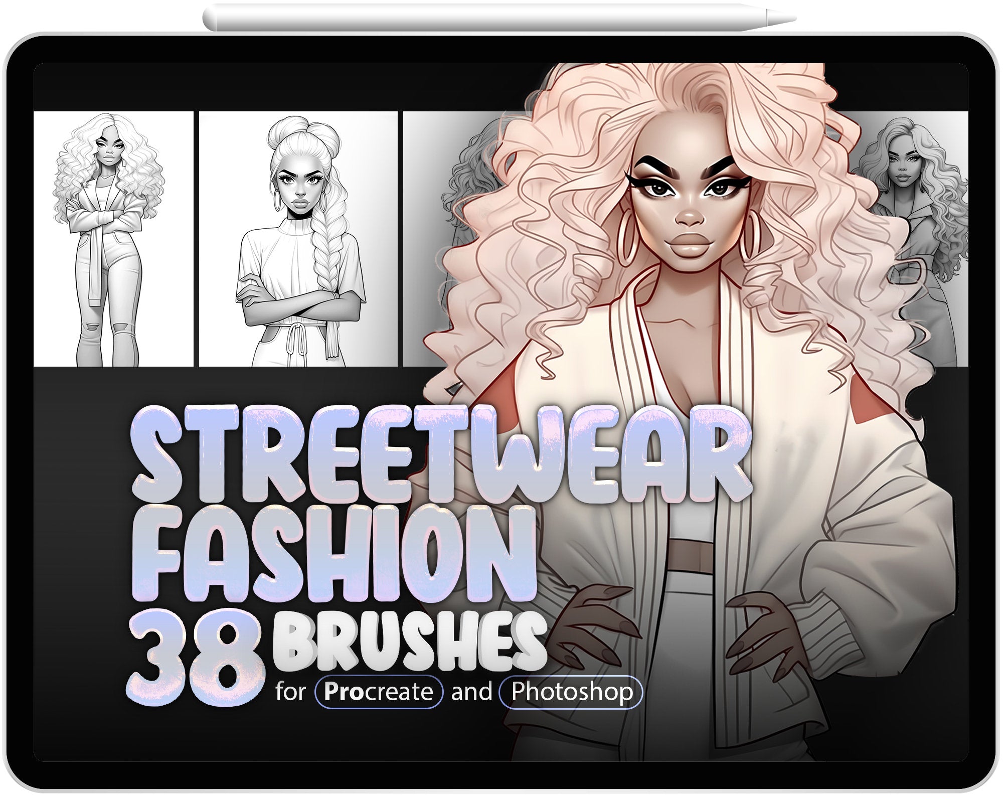 38 Girls in Streetwear Style Procreate Brushes, 38 Fashion Woman in Streetwear Style Photoshop Brushes, Procreate Clothes, Procreate Fashion