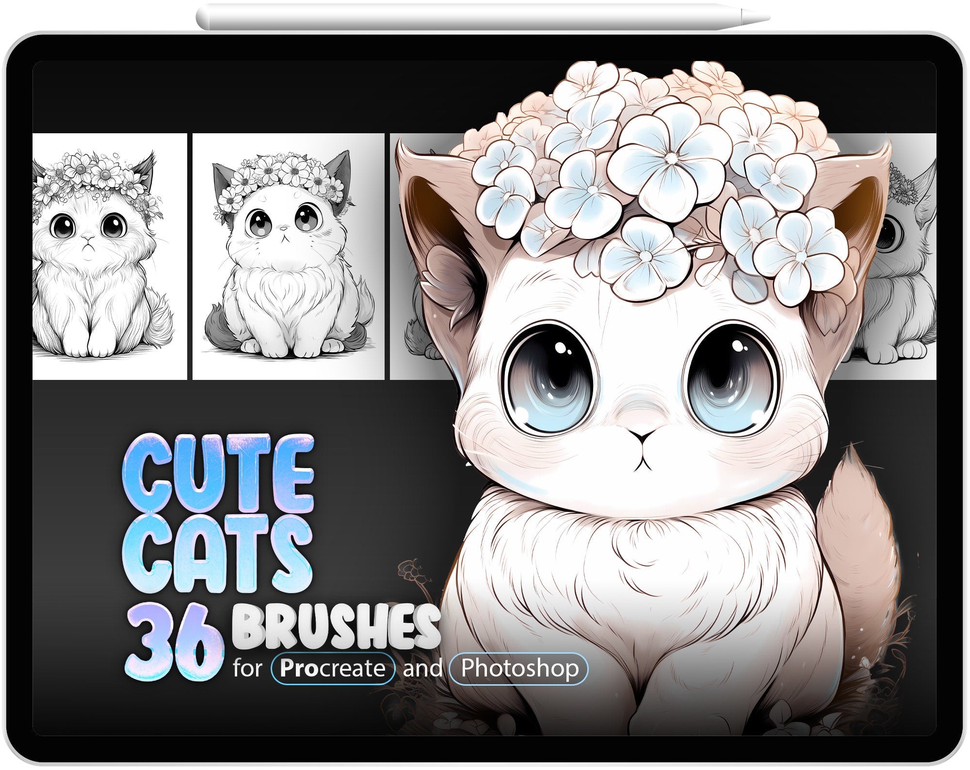 36 Cute Cats Procreate Brushes, 36 Cute Cats Photoshop Brushes, Kawaii Cats Procreate, Procreate Animals, Floral Cats Stamp Brushes