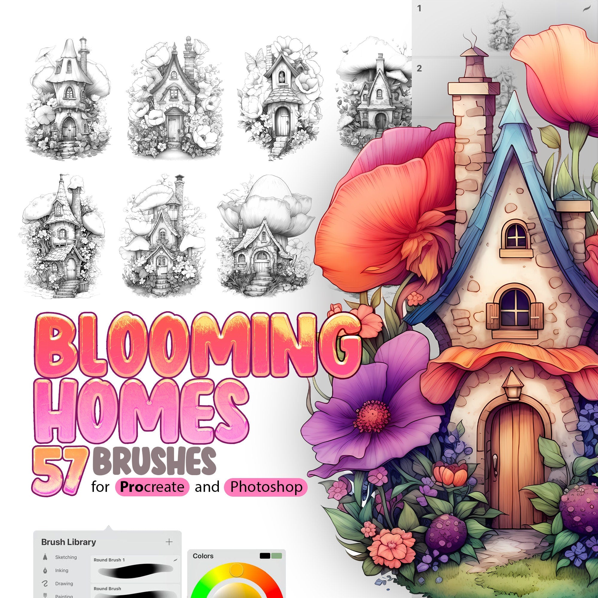 57 Blooming Fairy Homes Procreate Brushes, 57 Blooming Fairy Homes Photoshop Brushes, Fairy House with Flowers Stamp Brushes