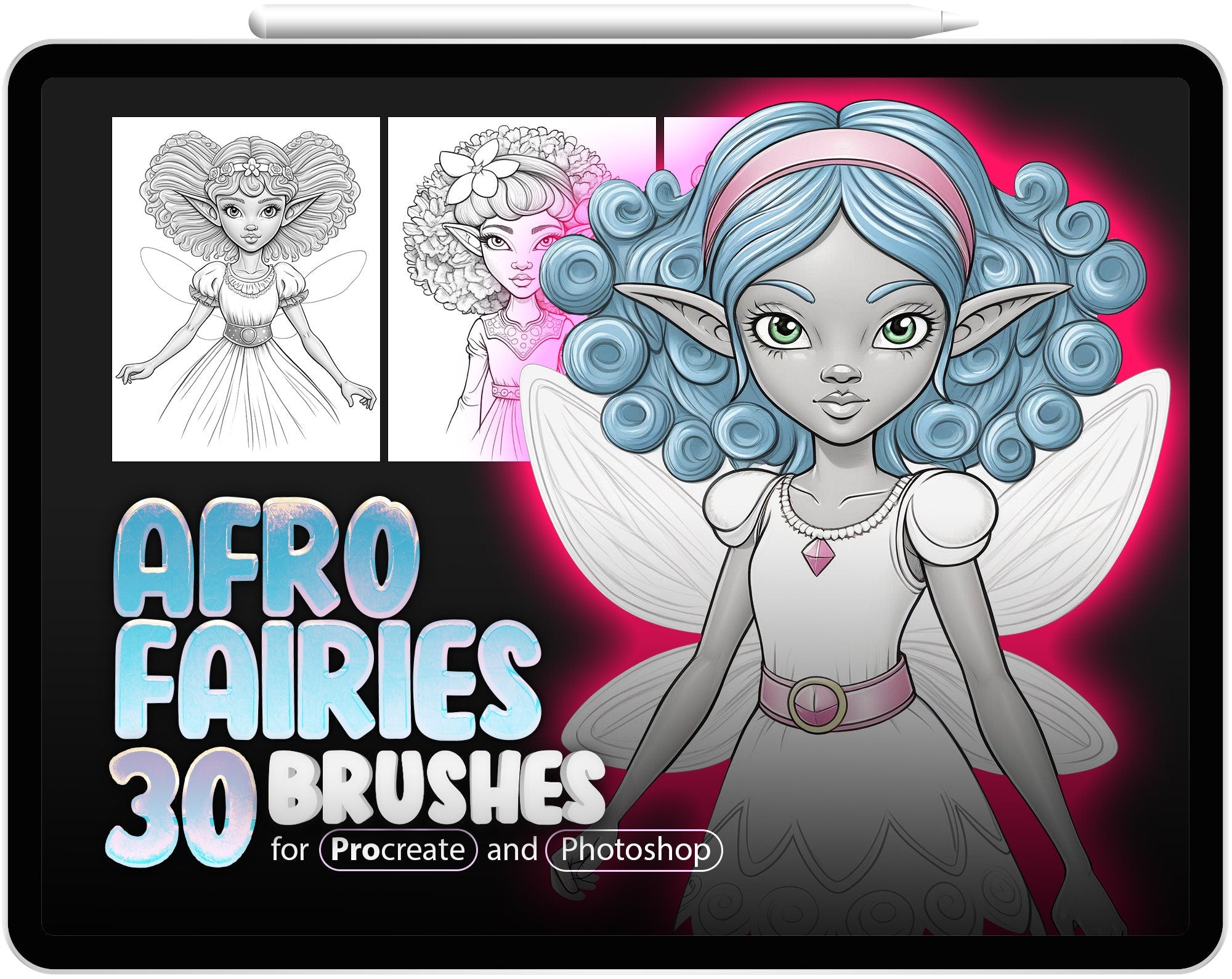 30 Afro Fairies Procreate Brushes, 30 Afro Fairies Photoshop Brushes, Fantasy Elf brush set for Procreate, Fantasy Character Stamp Brushes