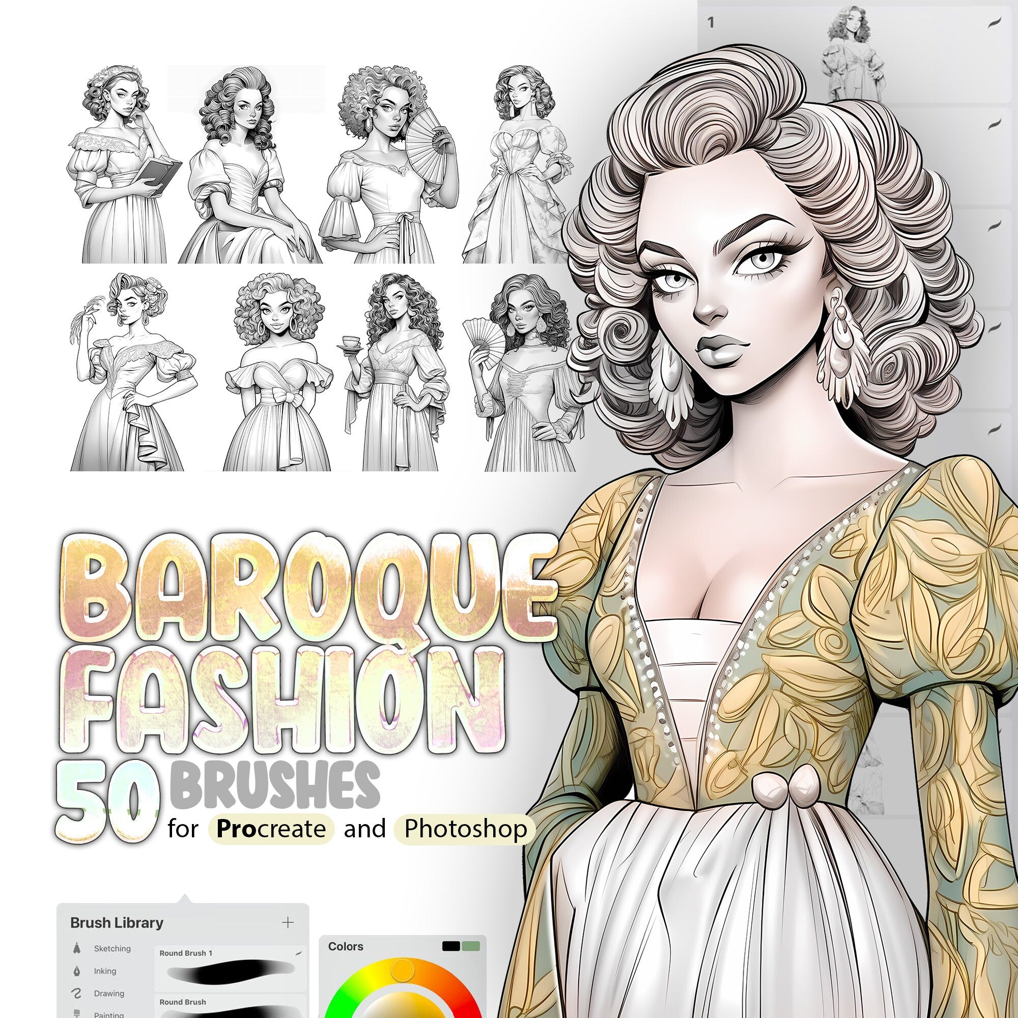 50 Baroque Fashion Style Procreate Brushes, 50 Baroque Fashion Style Photoshop Brushes, Baroque Girls Procreate Stamp Brush, Baroque Clothes