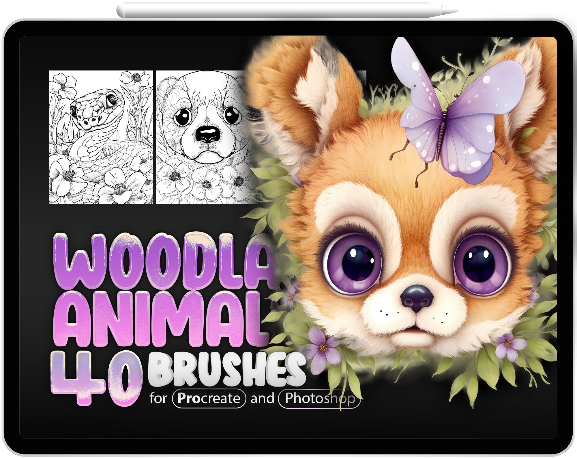 40 Woodland Animals Procreate Brushes, 40 Woodland Animals Photoshop Brushes, Pig, Wolf, Raccoon, Bear, Bee, Snake, Owl, Mouse, Parrot