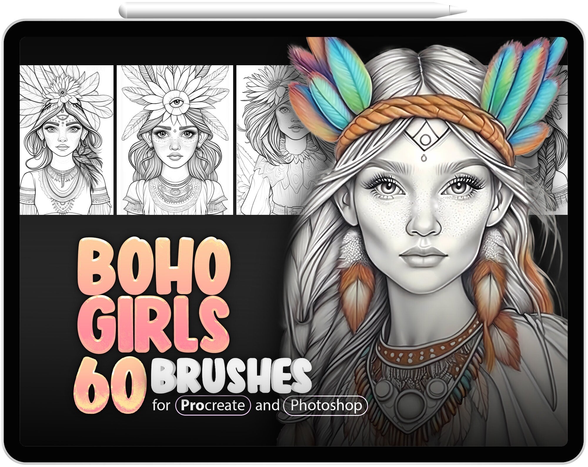 60 Boho Style Girls Procreate Brushes, 60 Boho Style Girls Photoshop Brushes