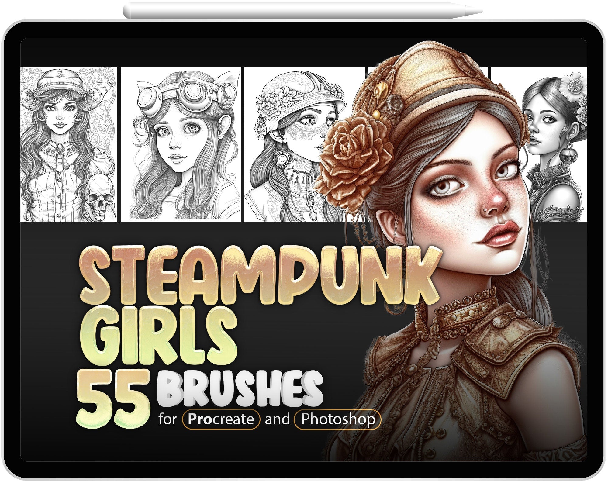 55 Steampunk Girls Procreate Brushes, 55 Steampunk Girls Photoshop Brushes, Steampunk Woman Stamp Brushes for Procreate