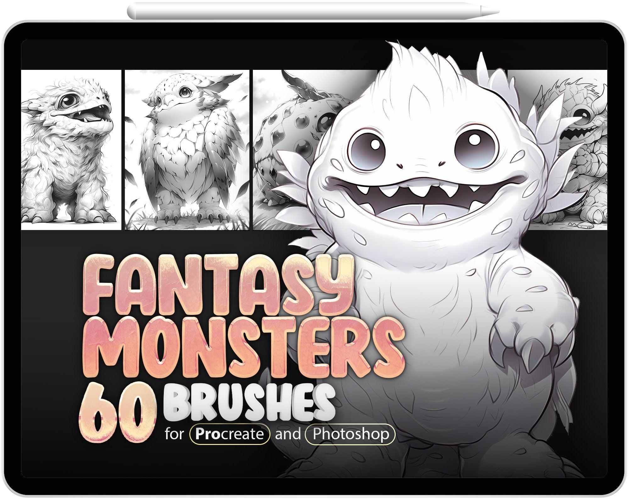 60 Fantasy Monsters Procreate Brushes, 60 Fantasy Monsters Photoshop Brushes, Adorable  Monsters Stamp Brushes for Procreate