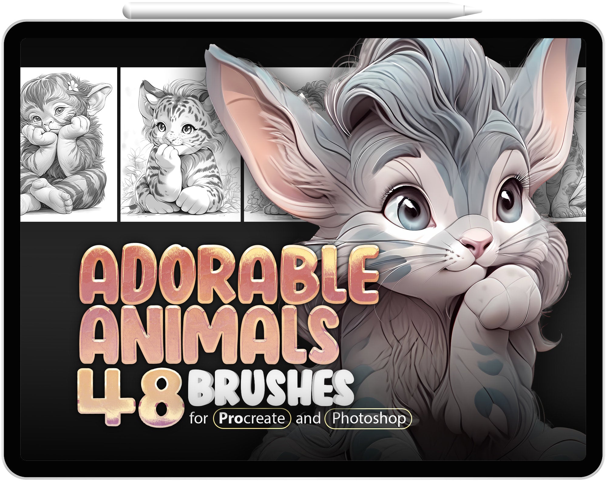 48 Cute Animals Procreate Brushes, 48 Cute Animals Photoshop Brushes, Fantasy Animals, Adorable Animals Stamp Brushes for Procreate