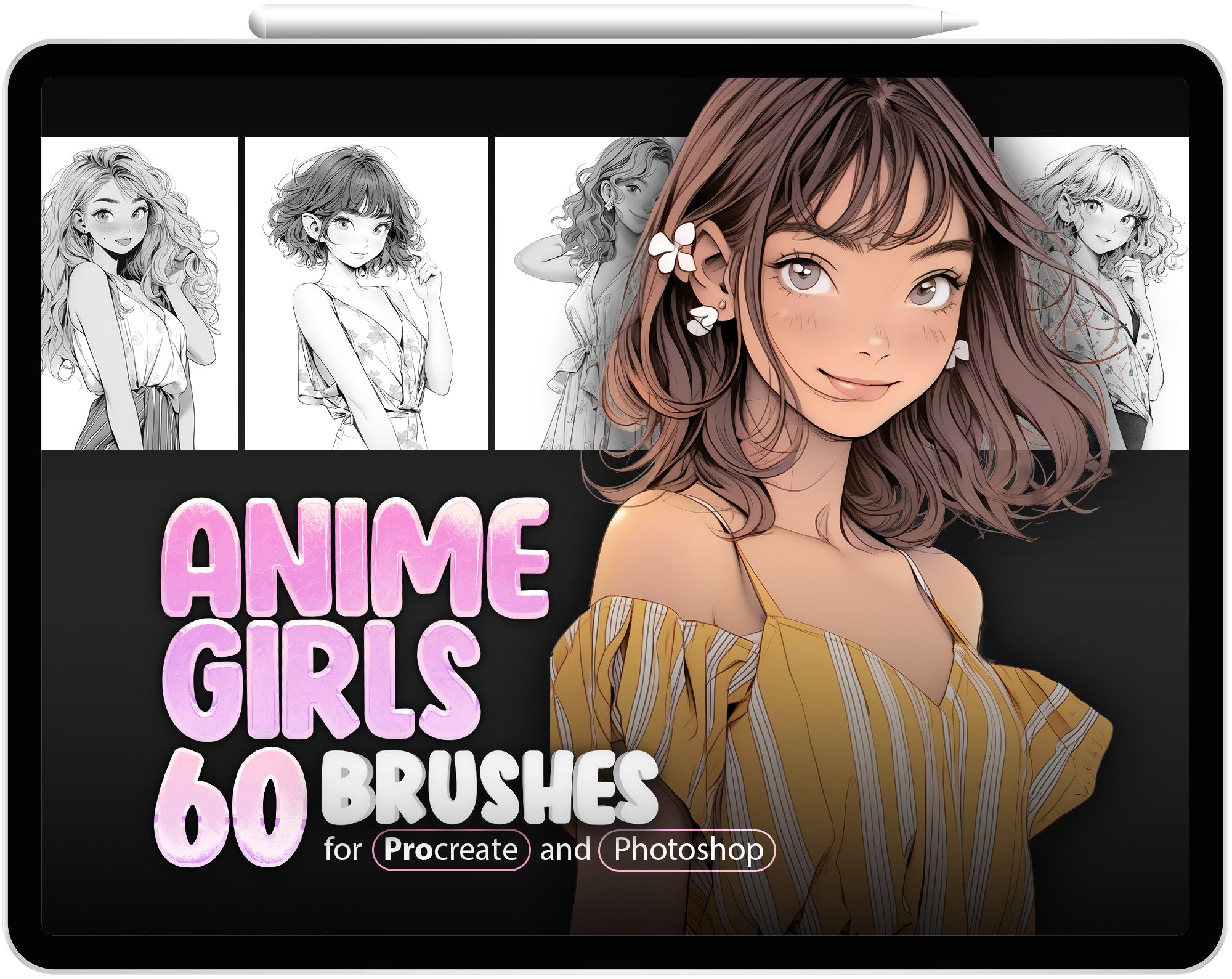 60 Anime Girls Procreate Brushes, 60 Anime Girls Photoshop Brushes, Manga Girls Stamp Brushes for Procreate