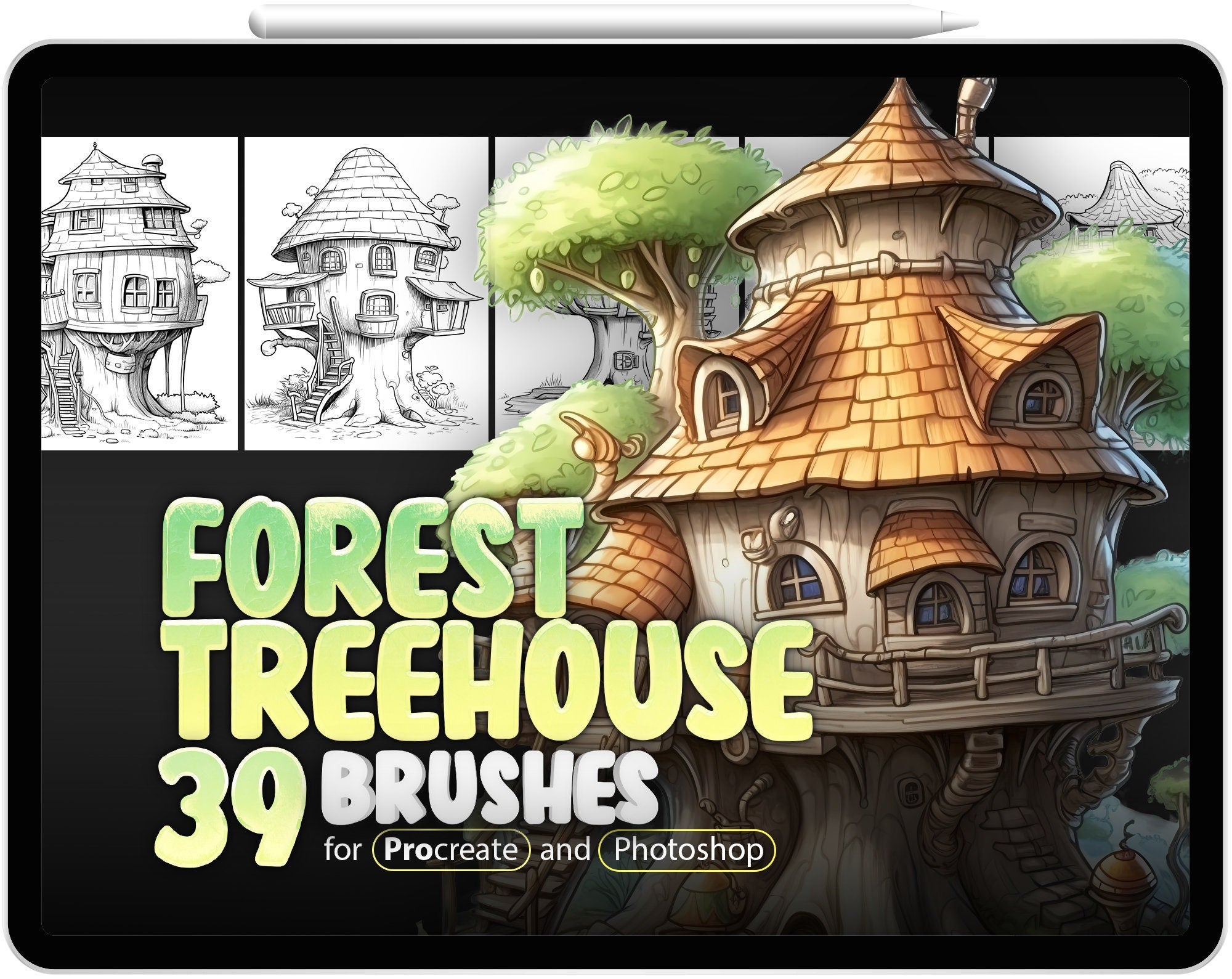 39 Forest Treehouse Procreate Brushes, 39 Forest Treehouse Photoshop Brushes, Fairy House Procreate, Magic House Procreate, Fantasy House