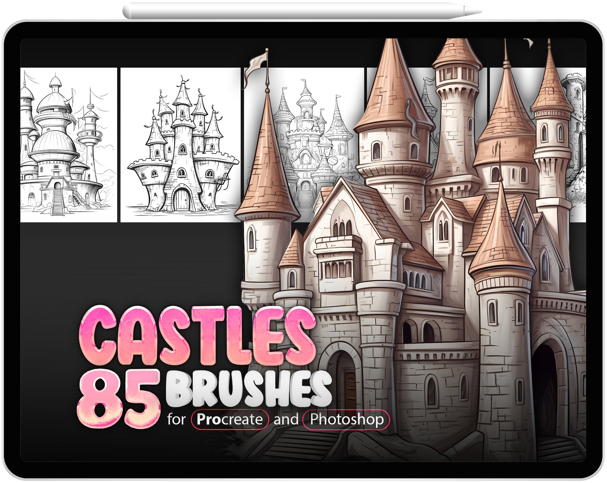 85 Castles Procreate Brushes, 85 Castles Photoshop Brushes, Magic Castle Stamp Brushes, Fantasy Castle Stamp Brushes for Procreate