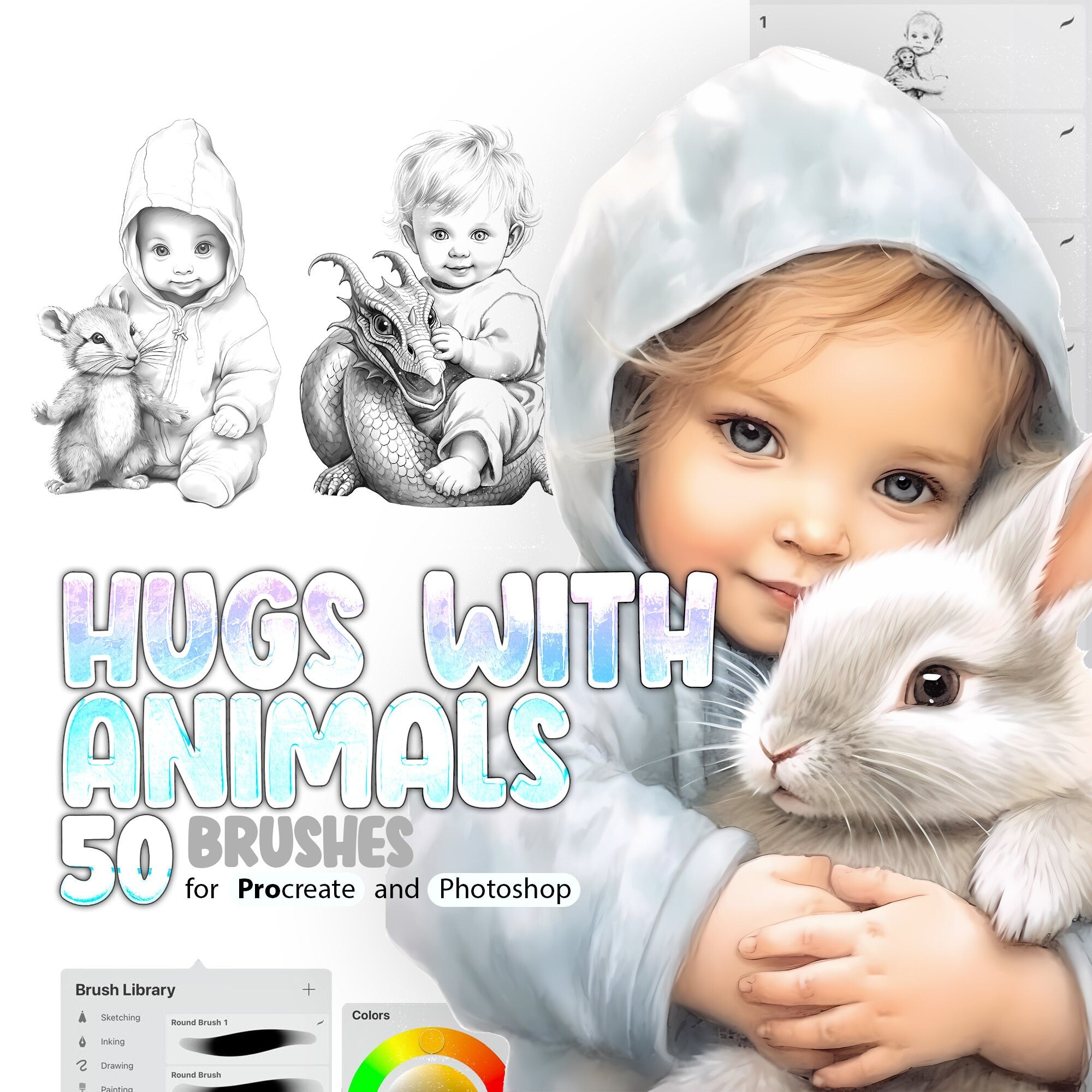 50 Babies Hug Animals Animals Procreate Brushes, 50 Kids Hug Animals Procreate Brushes, Animals Lovers Stamp Brushes for Procreate