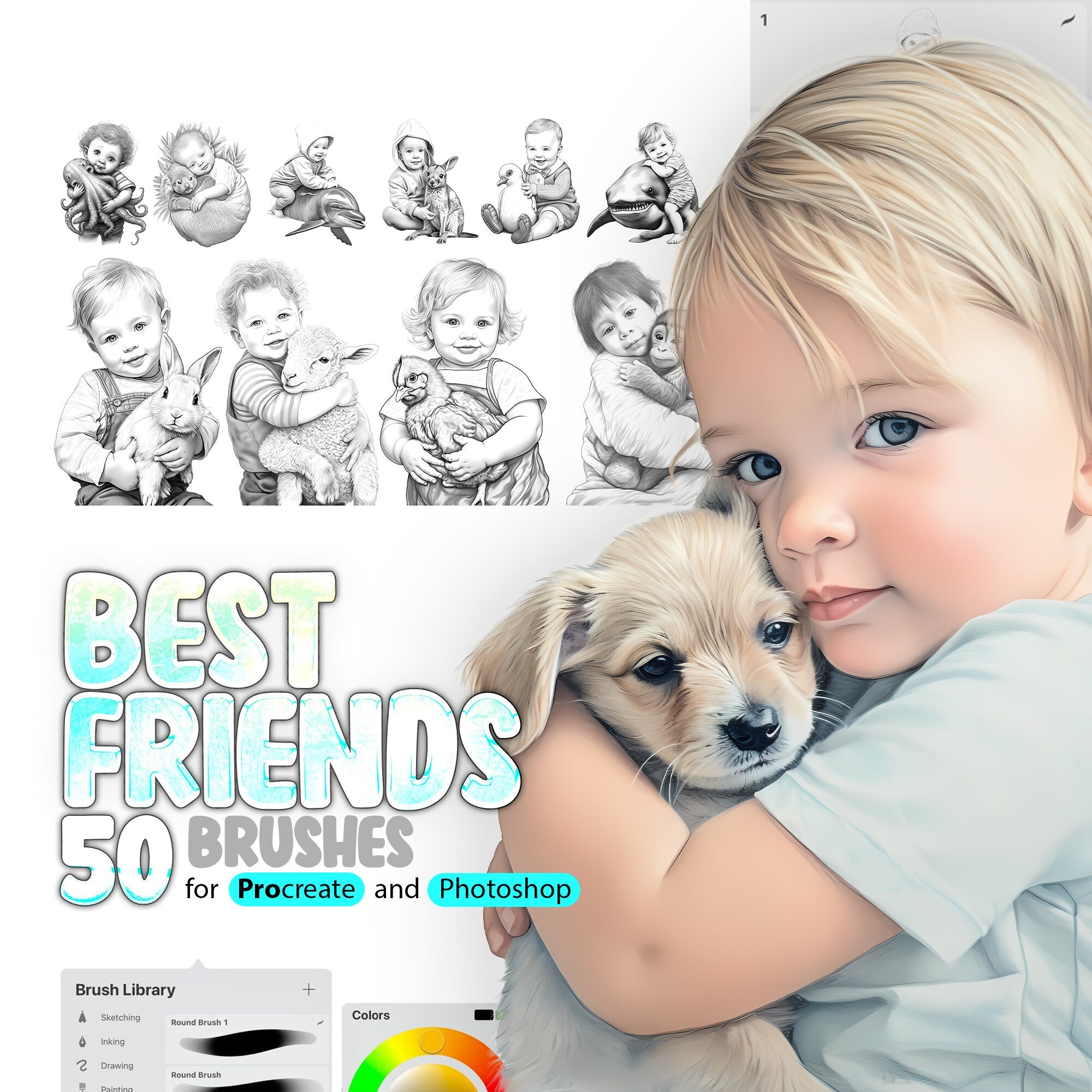 50 Best Animals Friends Procreate Brushes, 50 Best Animals Friends Photoshop Brushes, Animals Lover Stamp Brushes, Dog, Cat, Sheep, Chicken