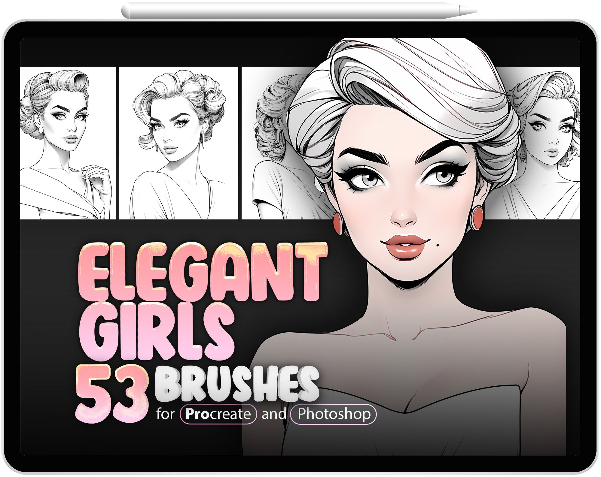 53 Elegant Classic Girls Procreate Brushes, 53 Elegant Classic Girls Photoshop Brushes, Retro Girl Face Procreate, Vintage Fashion Women