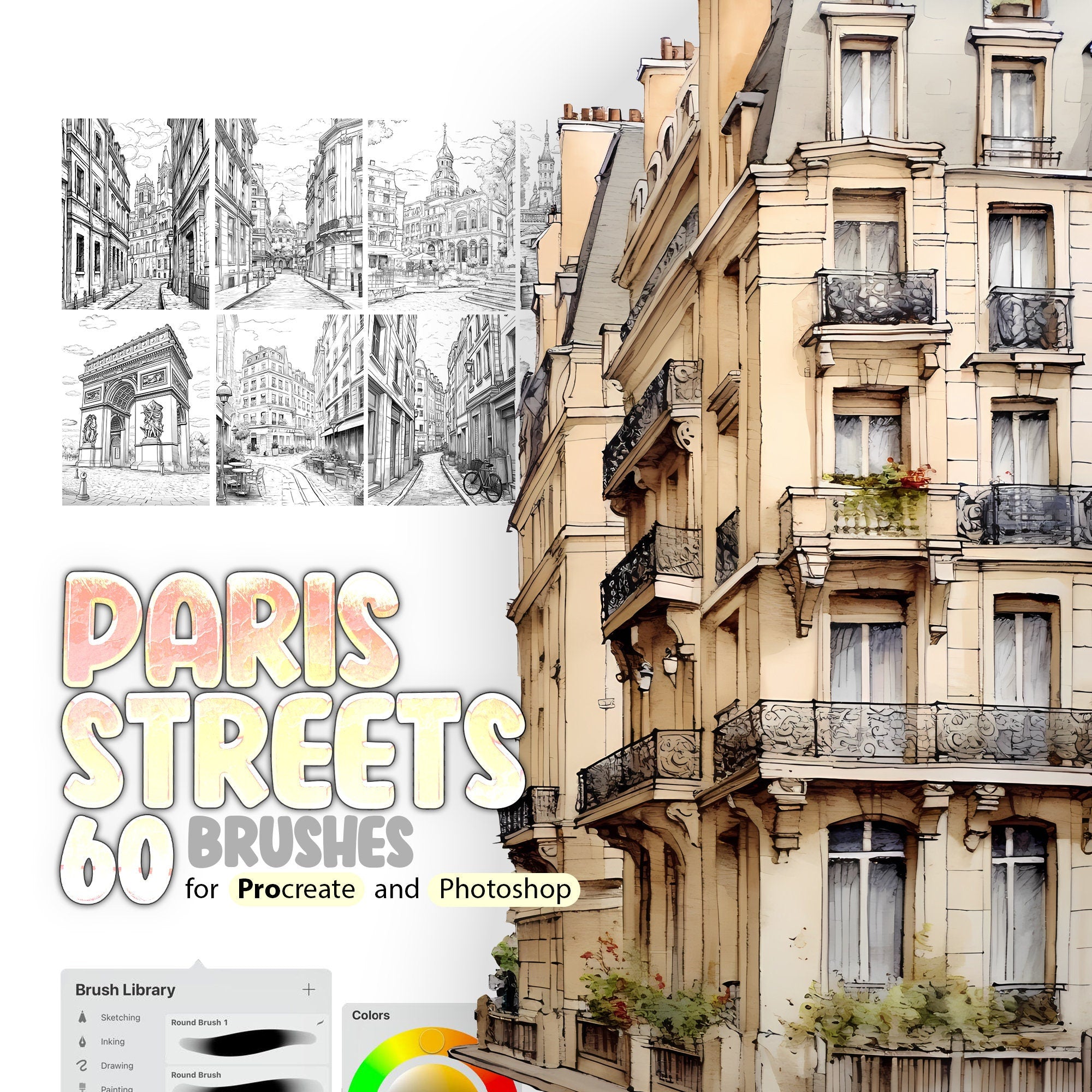 60 Paris Streets Procreate Brushes, 60 Paris Streets Photoshop Brushes, French Procreate Stamp Brushes, Architecture Procreate Stamps