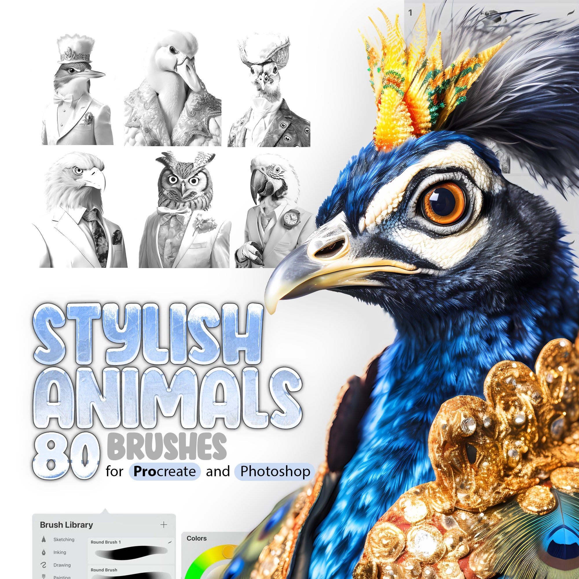 80 Stylish Animals Haute Couture Procreate Brushes, 80 Birds Photoshop Brushes, Fashion Animals Stamp Brushes, Fashion Birds Procreate