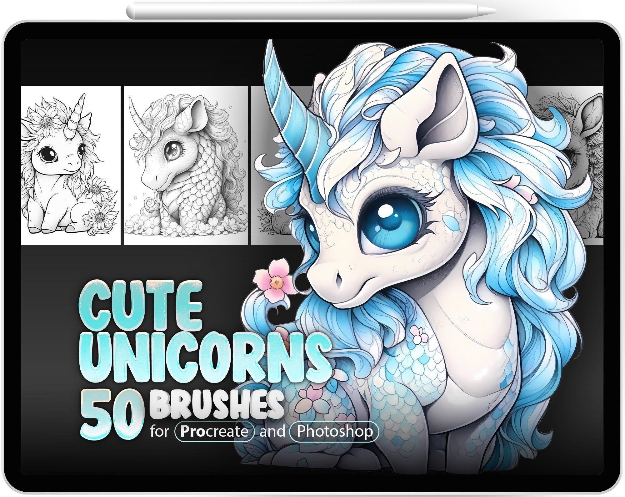 50 Cute Unicorns Procreate Stamp Brushes, 50 Kawaii Unicorns Photoshop Brushes, Fantasy Fairy Floral Unicorn Brush for Procreate