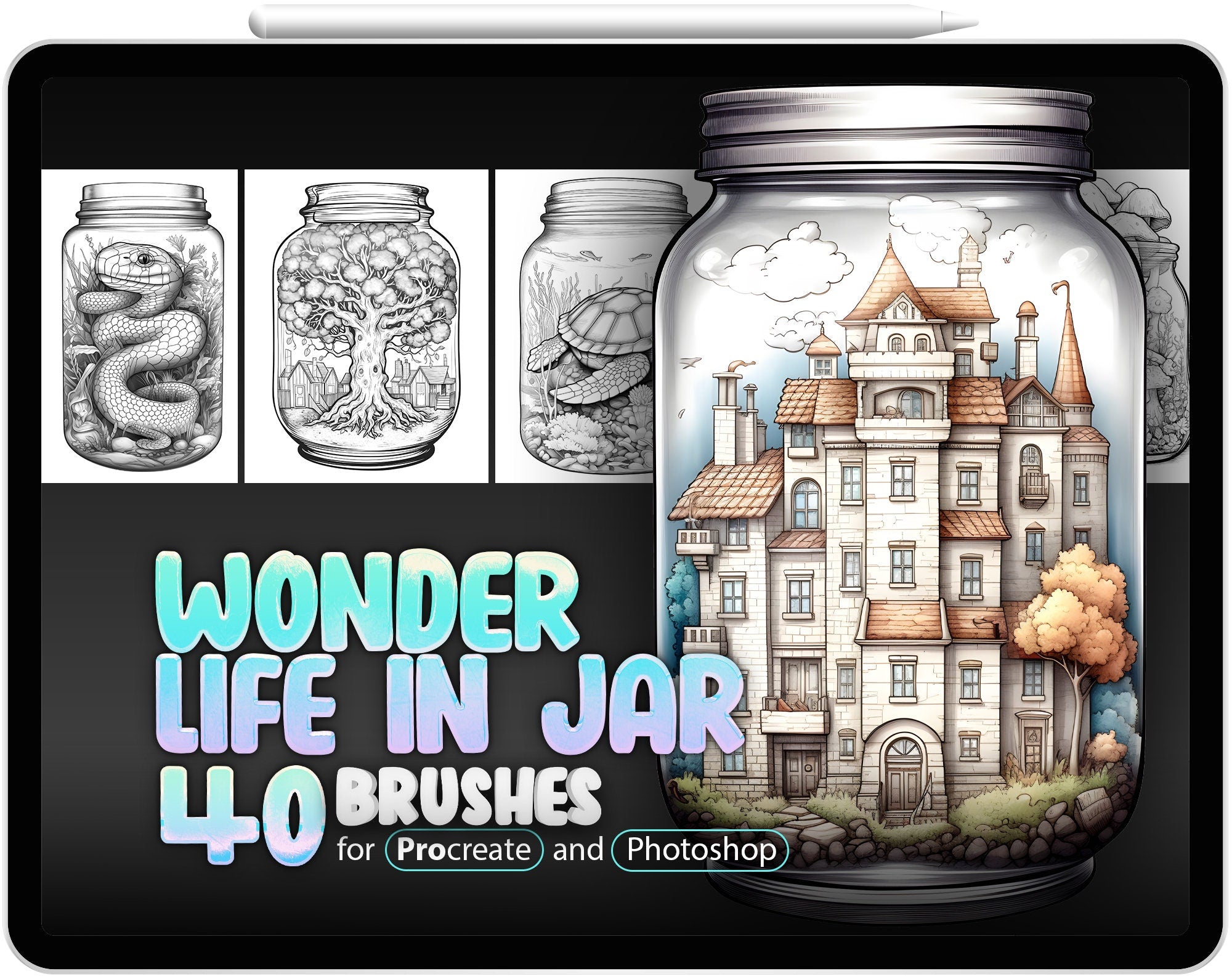 40 Wonder Life In Jar Procreate Brushes, 40 Wonder Life In Jar Photoshop Brushes, Glass Jar Procreate Stamp Brushes, Animals Procreate