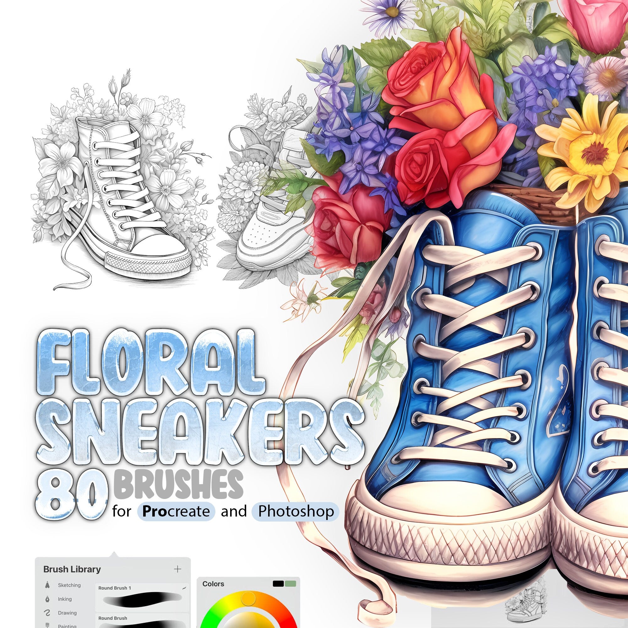 80 Floral Sneakers Procreate Stamp Brushes, 80 Floral Sneakers Photoshop Brushes, Shoes with Flowers Stamp brushes for Procreate