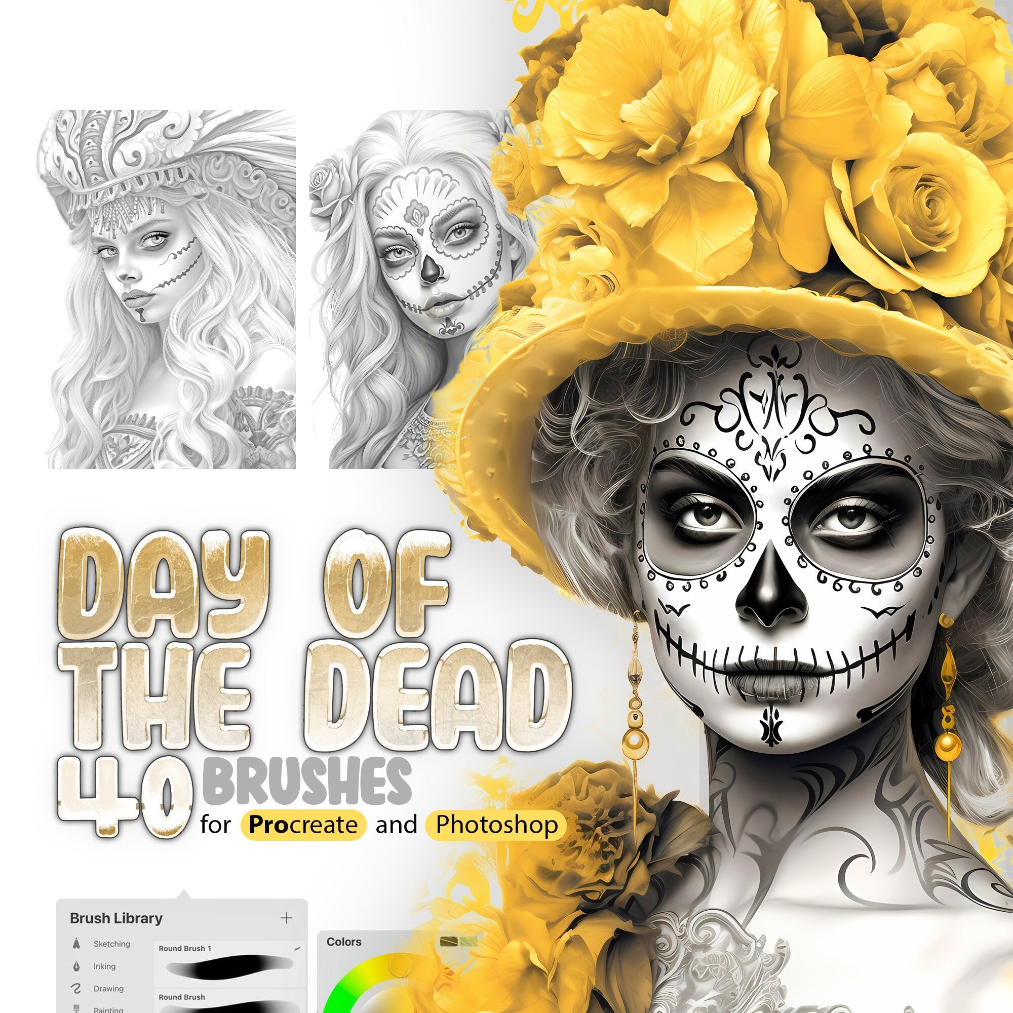 40 Day of the Dead Procreate Stamp Brushes, 40 Day of the Dead Photoshop Stamp Brushes, Mexican Skull Carnival Procreate, Skull Makeup Brush