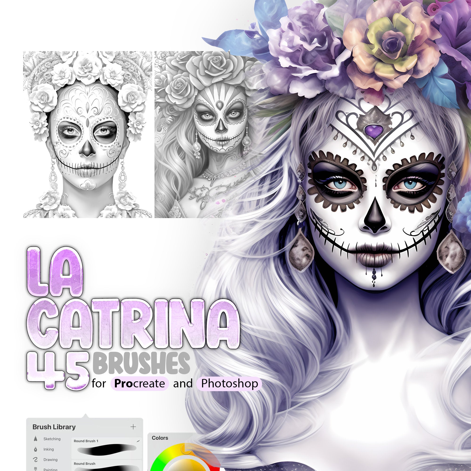 45 La Catrina Procreate Brush, 45 La Catrina Photoshop Brush, Day of the Dead Procreate Stamp Brushes, Mexican Skull Procreate Brush