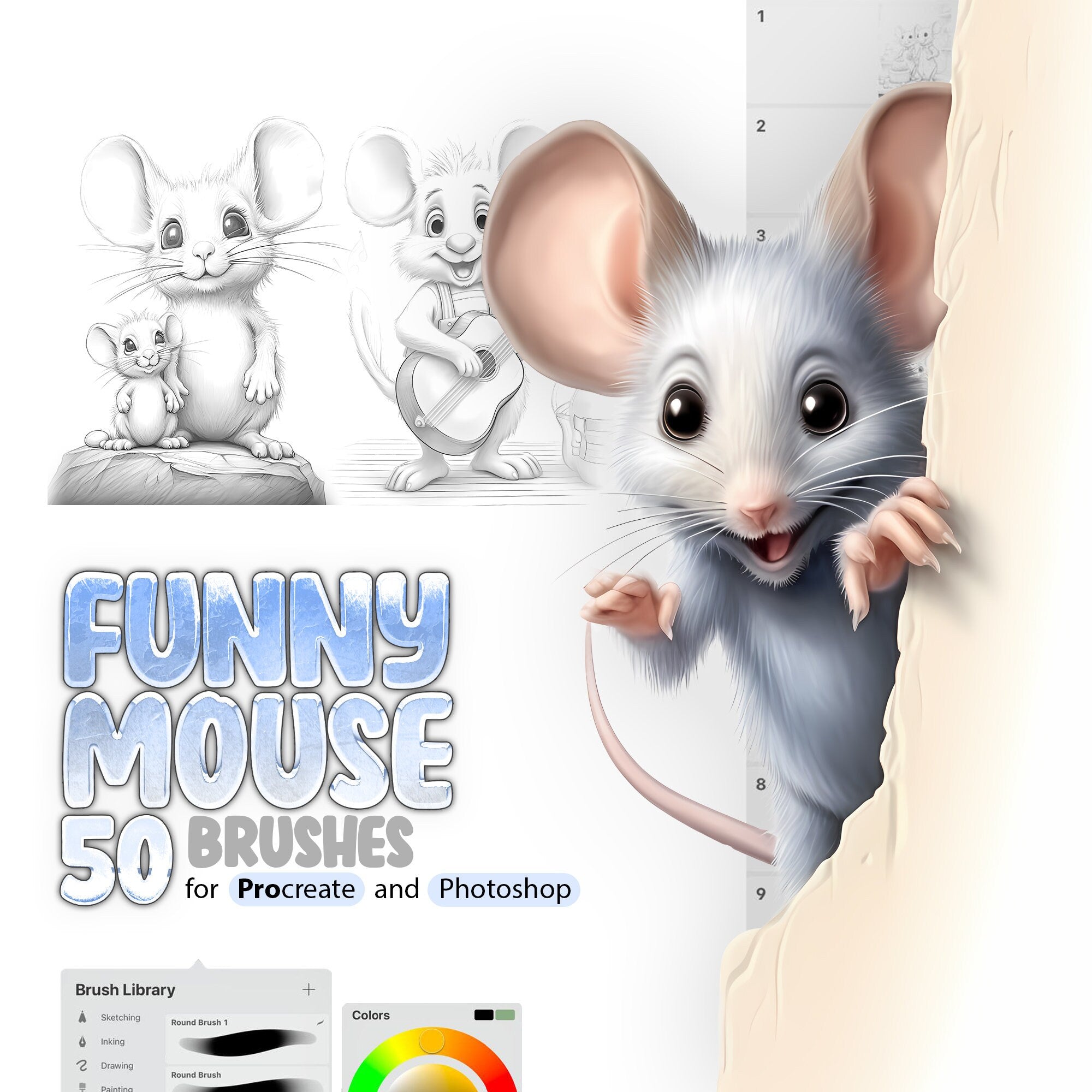 50 Funny Mouse Procreate Brushes, 50 Funny Mouse Photoshop Brushes, Mouse Life Procreate, Animals Procreate Brush, Mouse Journey Procreate