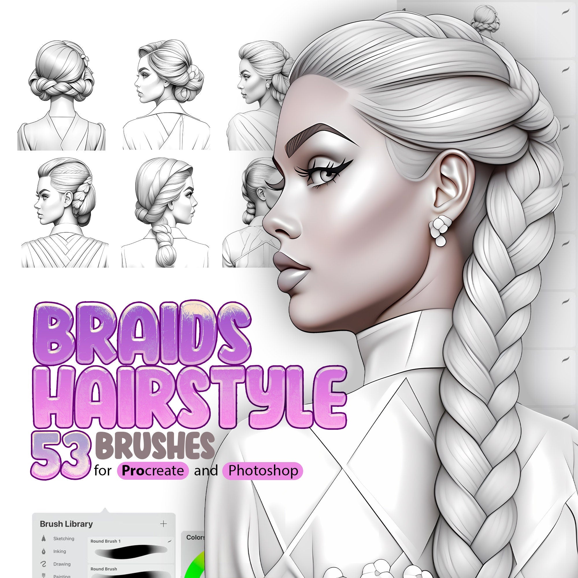 53 Braids Hairstyle Procreate Brushes, 53 Braids Hairstyle Photoshop Brushes, Procreate Haircut Stamp Brushes, Procreate Beautiful Girls