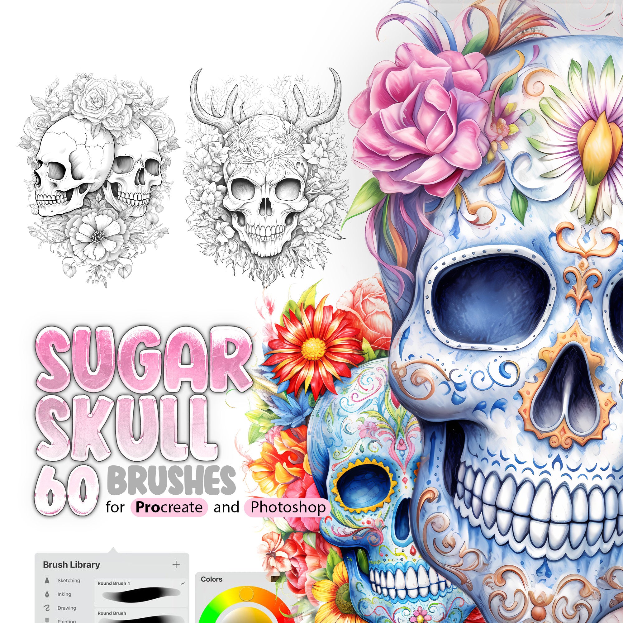 60 Sugar Skull Procreate Stamp Brushes, Skull with Flower Procreate, Floral Skull Procreate, Mexican Skull Procreate, Day of the Dead Stamps