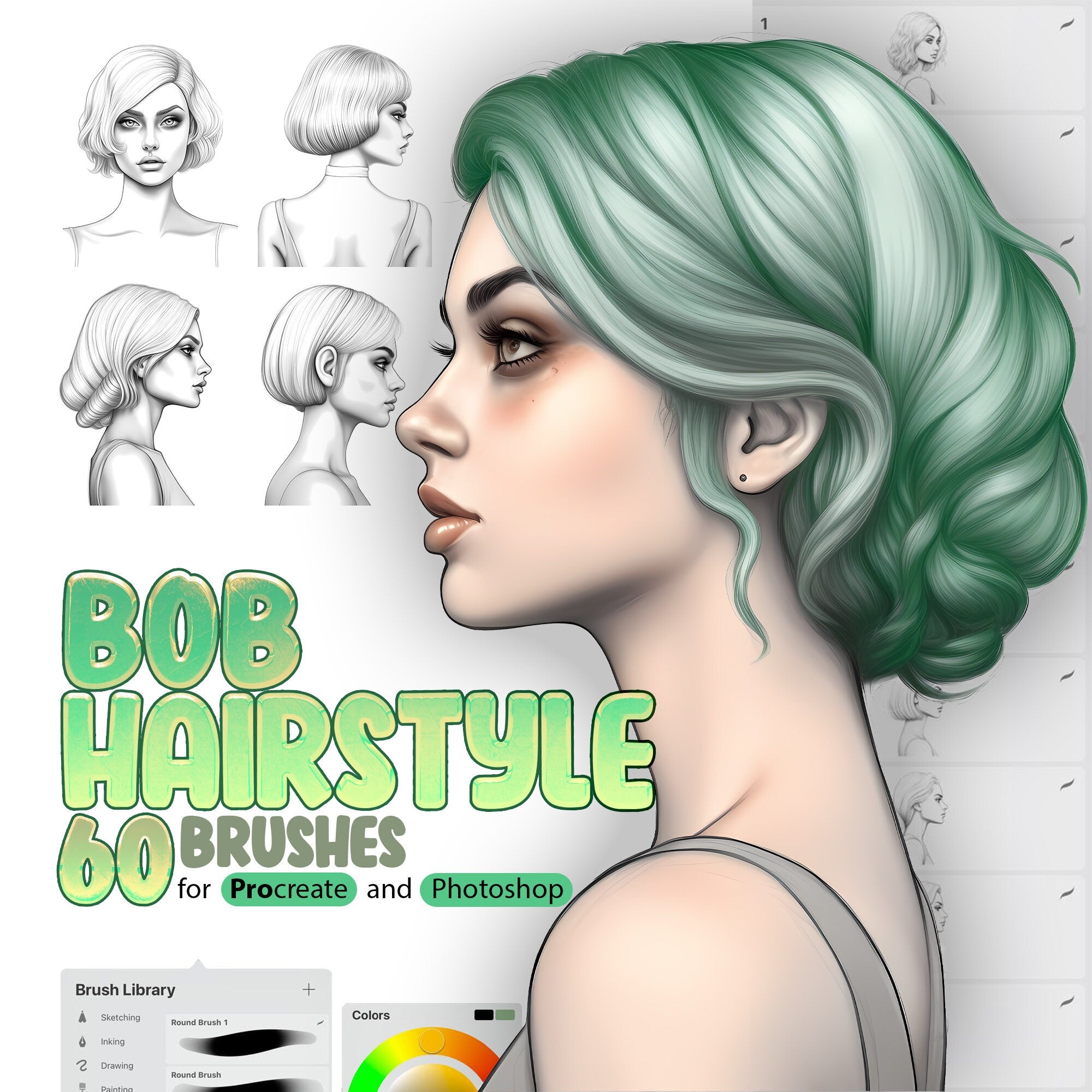 60 Bob Hairstyle Procreate Brushes, 60 Bob Hairstyle Photoshop Brushes, Beautiful Girls Hairstyle Procreate Stamp Brushes, Haircut Procreate