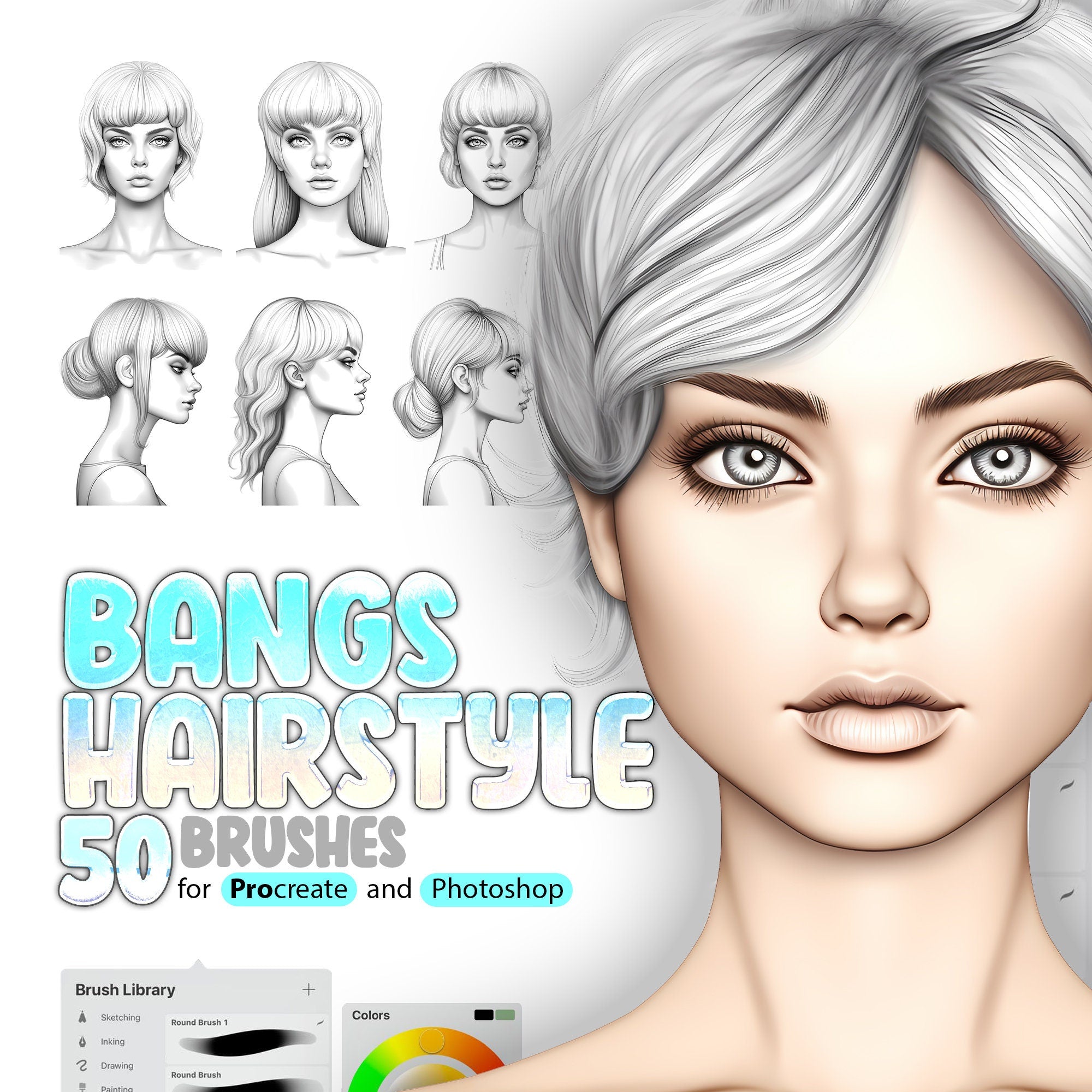 50 Bangs Hairstyle Procreate Brushes, 50 Bangs Hairstyle Photoshop Brushes, Women Hair Procreate Brush, Haircut Procreate Stamp Brushes