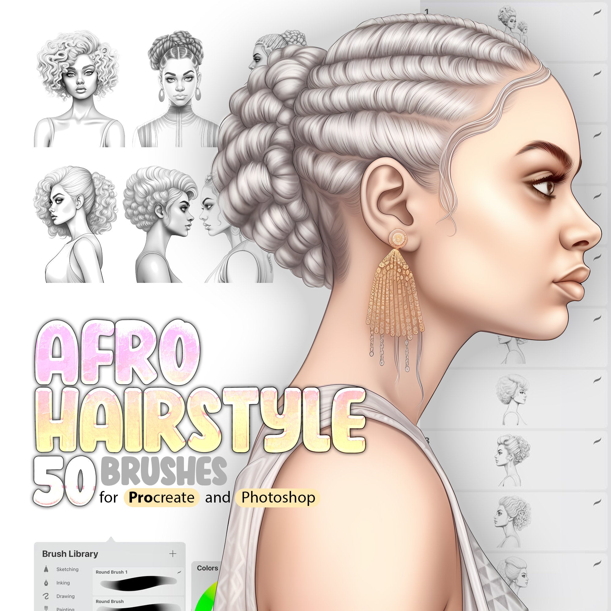 50 Afro Hairstyle Procreate Brushes, 50 Afro Hairstyle Photoshop Brushes, African Hair Procreate Stamp Brushes, Afro Women Haircut Procreate