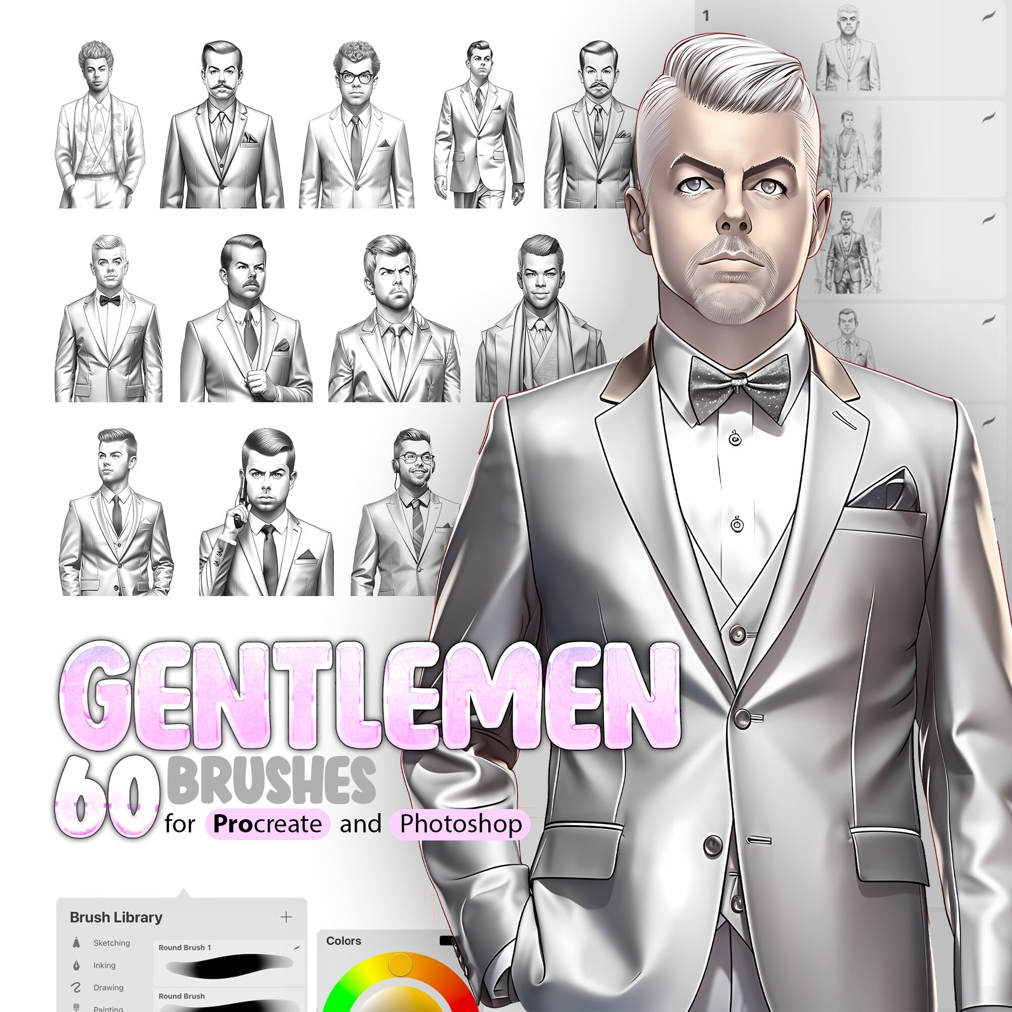 60 Gentlemen in Suits Procreate Brushes, Gentlemen in Suits Photoshop Brushes, Men in Suits Procreate Brushes, Fashion Men Procreate Stamps