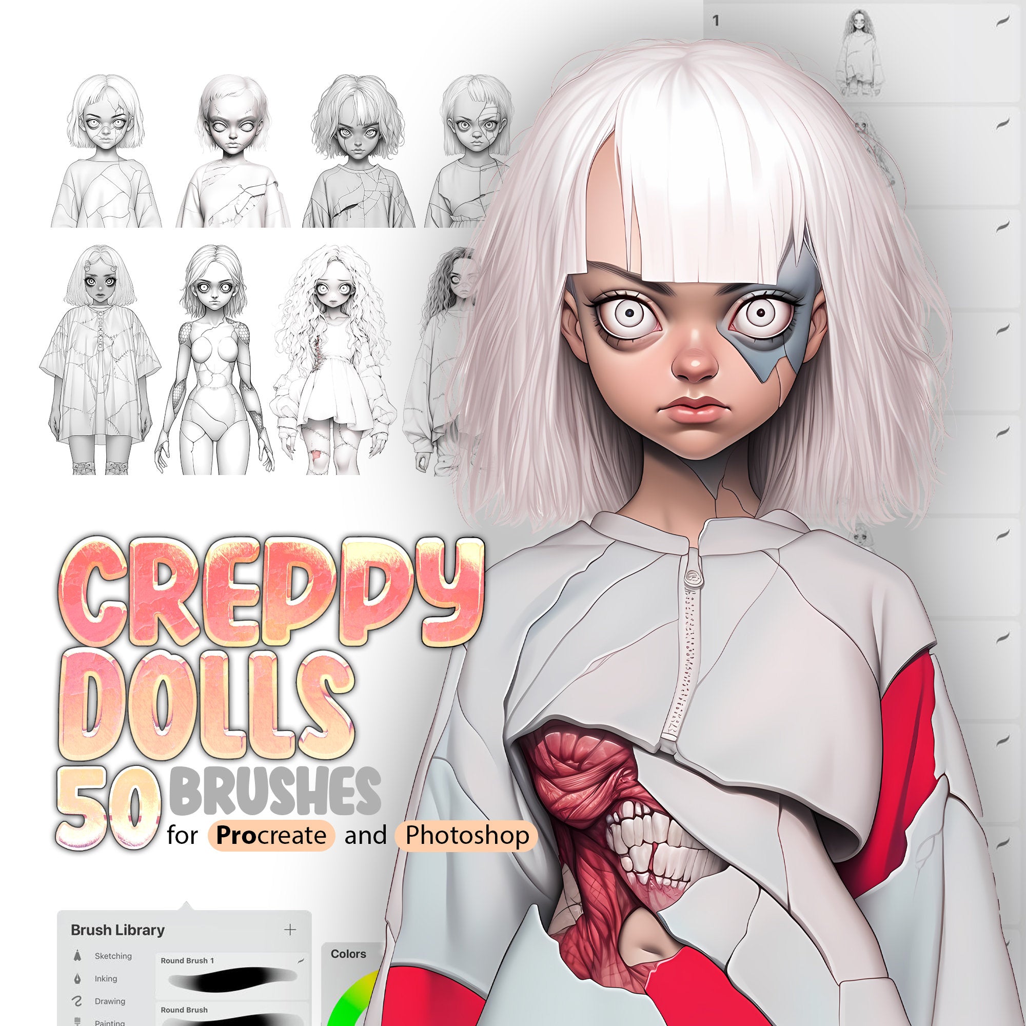 50 Creppy Dolls Procreate Brushes, 50 Creppy Dolls Photoshop Brushes, Procreate Character, Horror Doll Girl Procreate Stamp Brushes