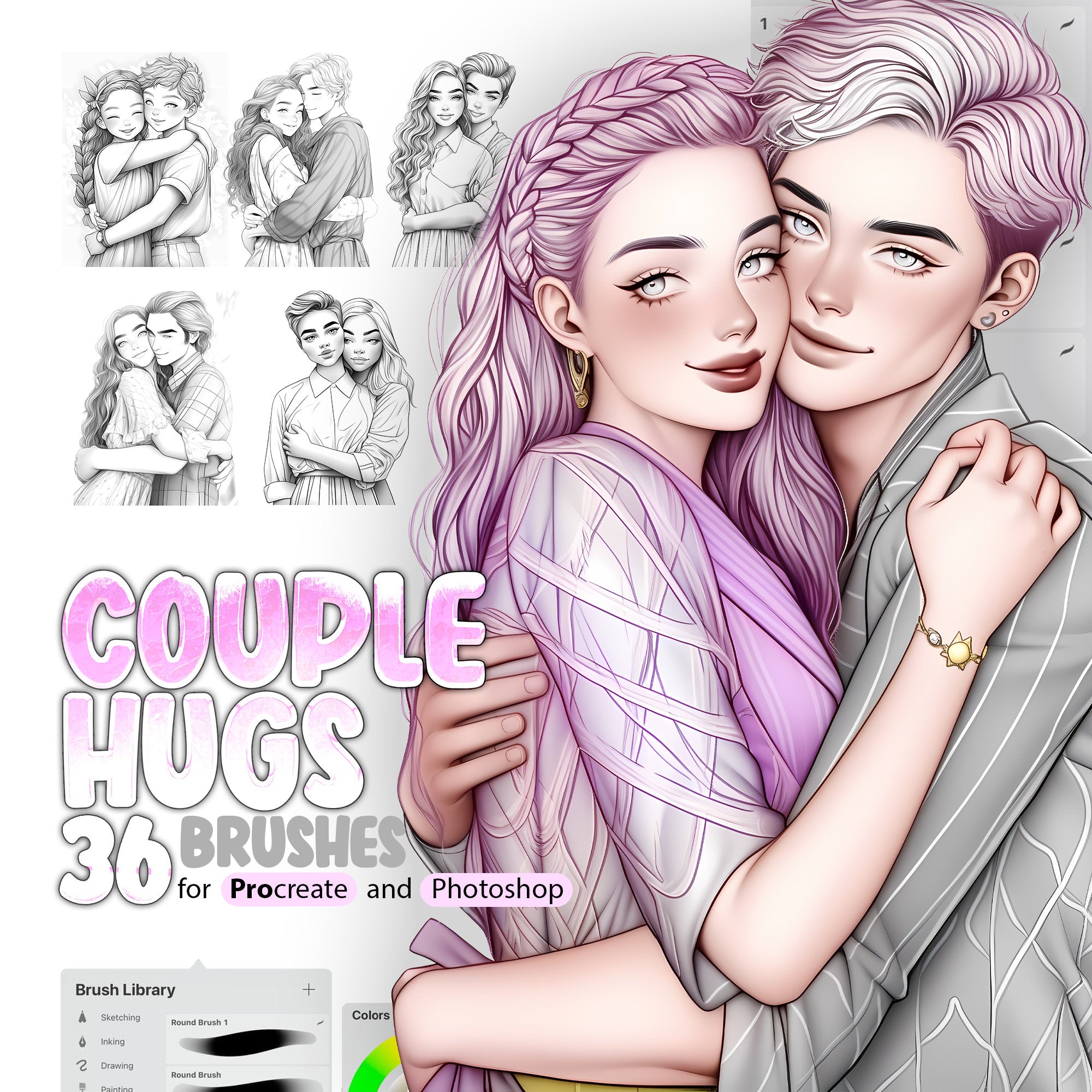 36 Couple Hugs Procreate Brushes, 36 Couple Hugs Photoshop Brushes, Love Procreate, Girl and Boy Procreate Stamp Brush, Man and Woman Couple