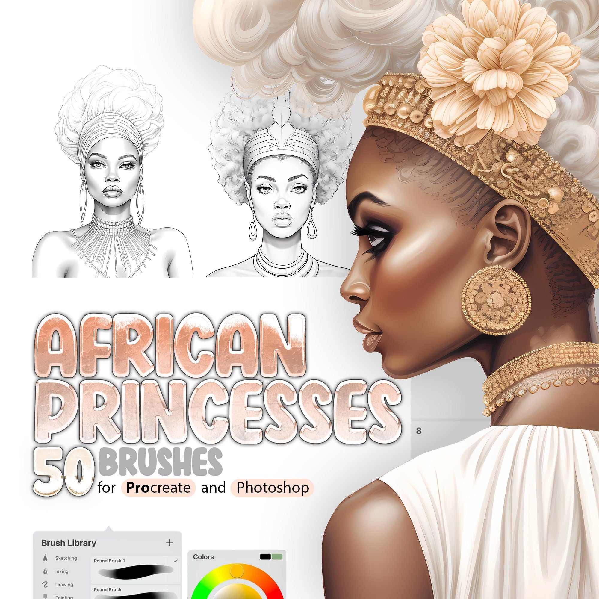 50 African Princesses Procreate Stamp Brushes, Afro Princes Girl Procreate Brush, African Goddesses Brushes, Black Women, Black Girls Brush