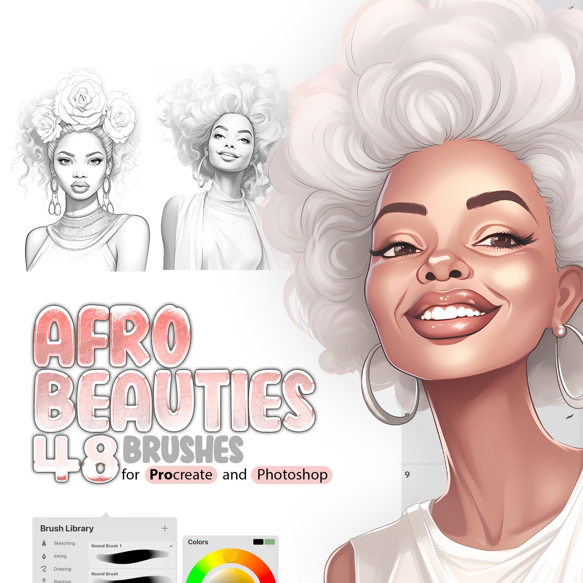 48 Afro Beauties Procreate Stmap Brushes, African Girls, Black Girl stamps for Procreate, Procreate face, Afro Black Girl Procreate Brush