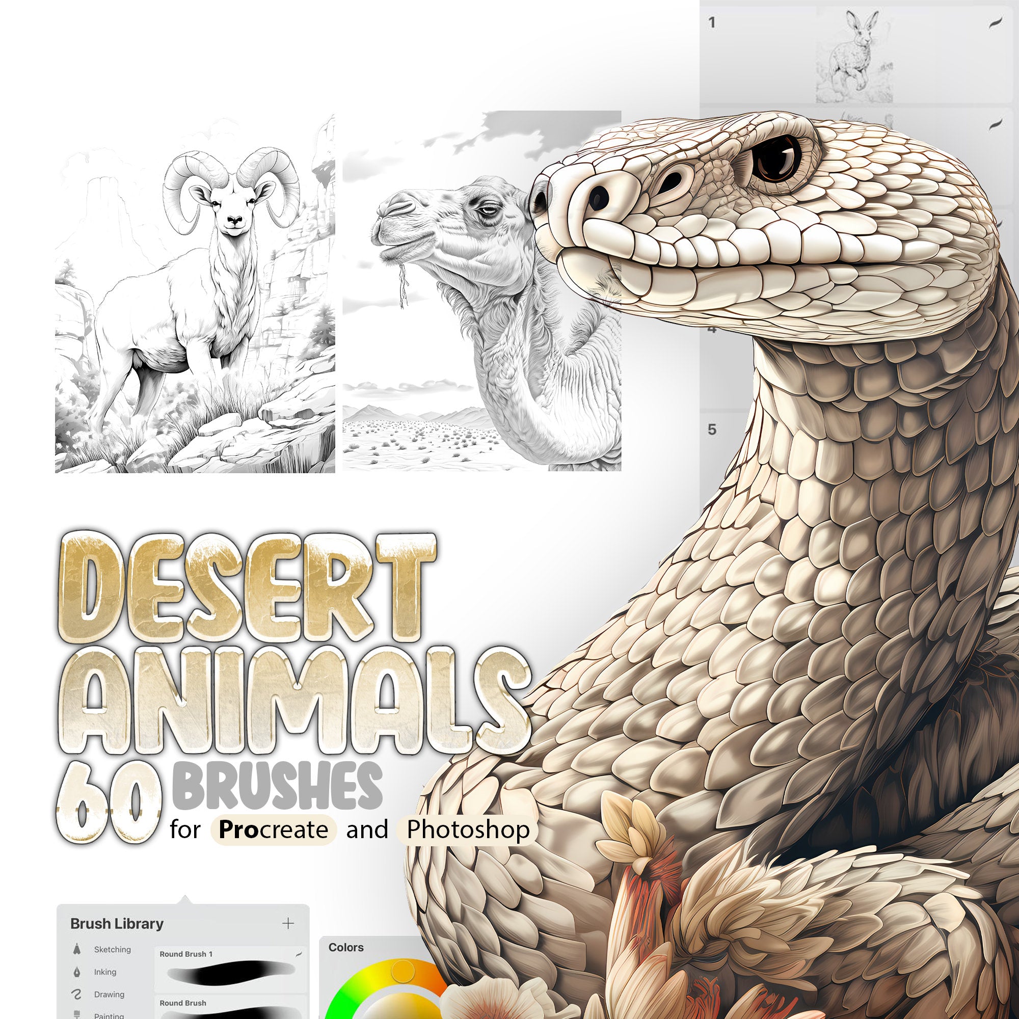 60 Desert Animals Procreate Stamp Brushes, Camel, Fennec, Fox, Kangaroo, Rat, Sidewinder, Rattlesnake, Meerkat, Arabian, Oryx, Jerboa Horned