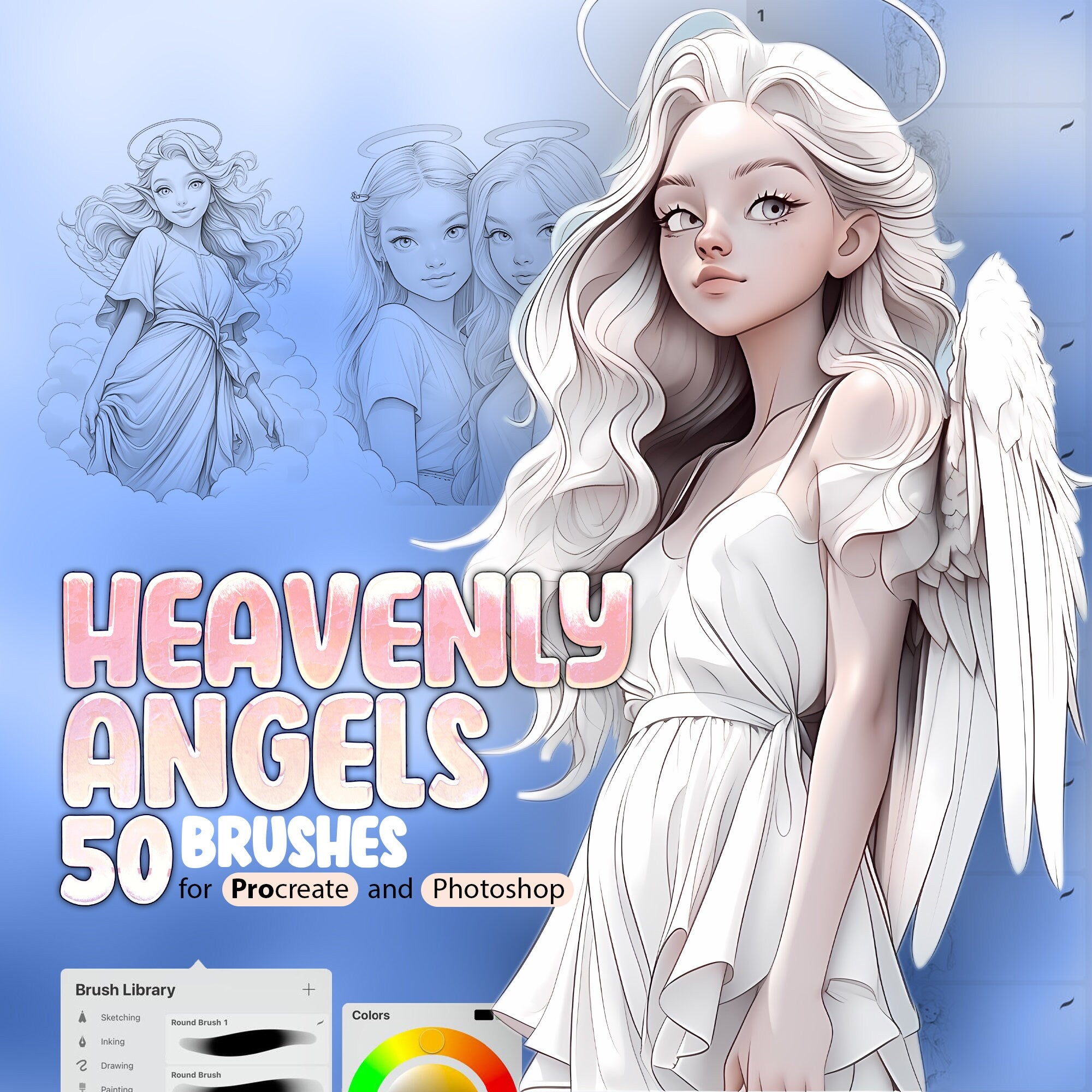 50 Angelic Dreams Procreate Stamp Brushes, Heavenly Angels Procreate, Angel Girls Procreate, Wings Procreate, Angel Kids Procreate