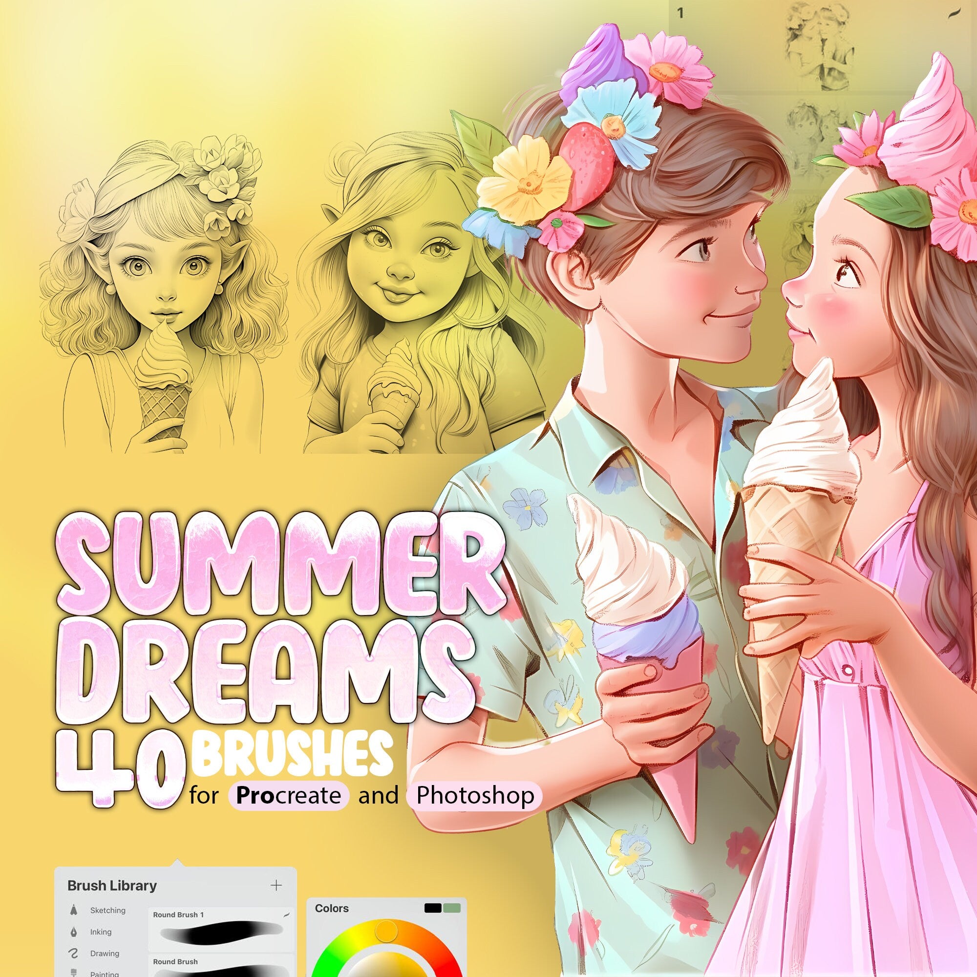 40 Ice Cream Dreams Procreate Brushes, Summer Dreams Procreate, Boy and Girl Procreate, Kids Procreate, Beautiful Floral Girls Procreate