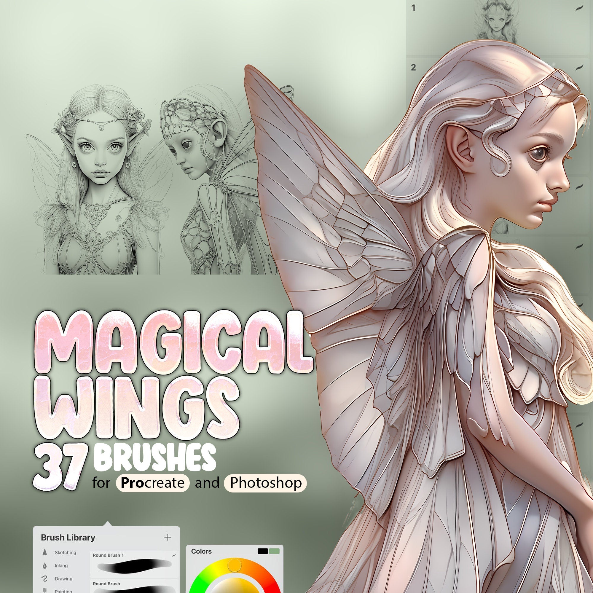 37 Magical Wings Procreate Stamp Brushes, Elves Procreate, Fairy Procreate, Beautiful Girls Procreate Stamp Brush, Wings Procreate